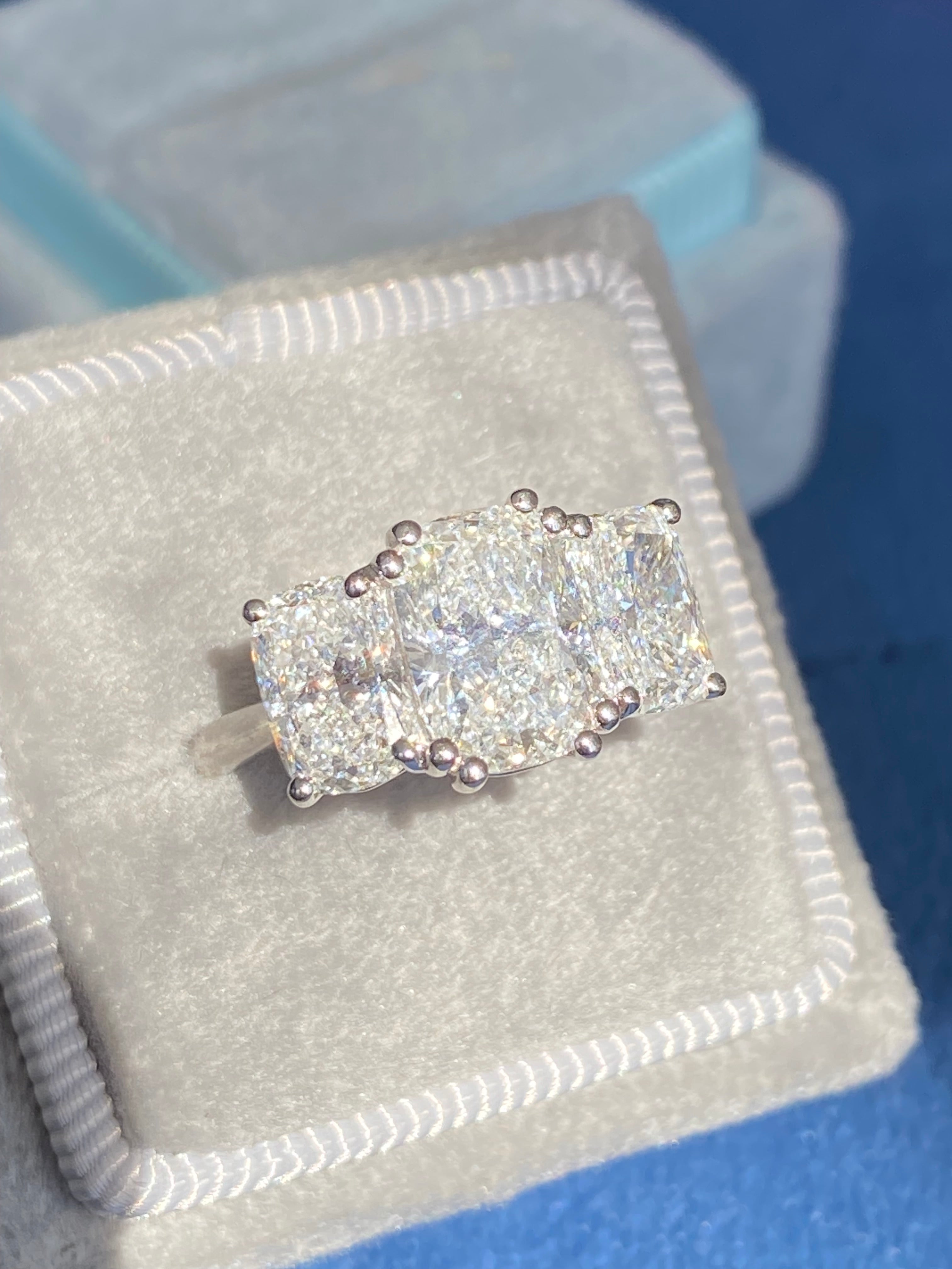 4.10 CTW Cushion Cut D Colour VS1 Lab Diamond Three Stone Ring in Platinum