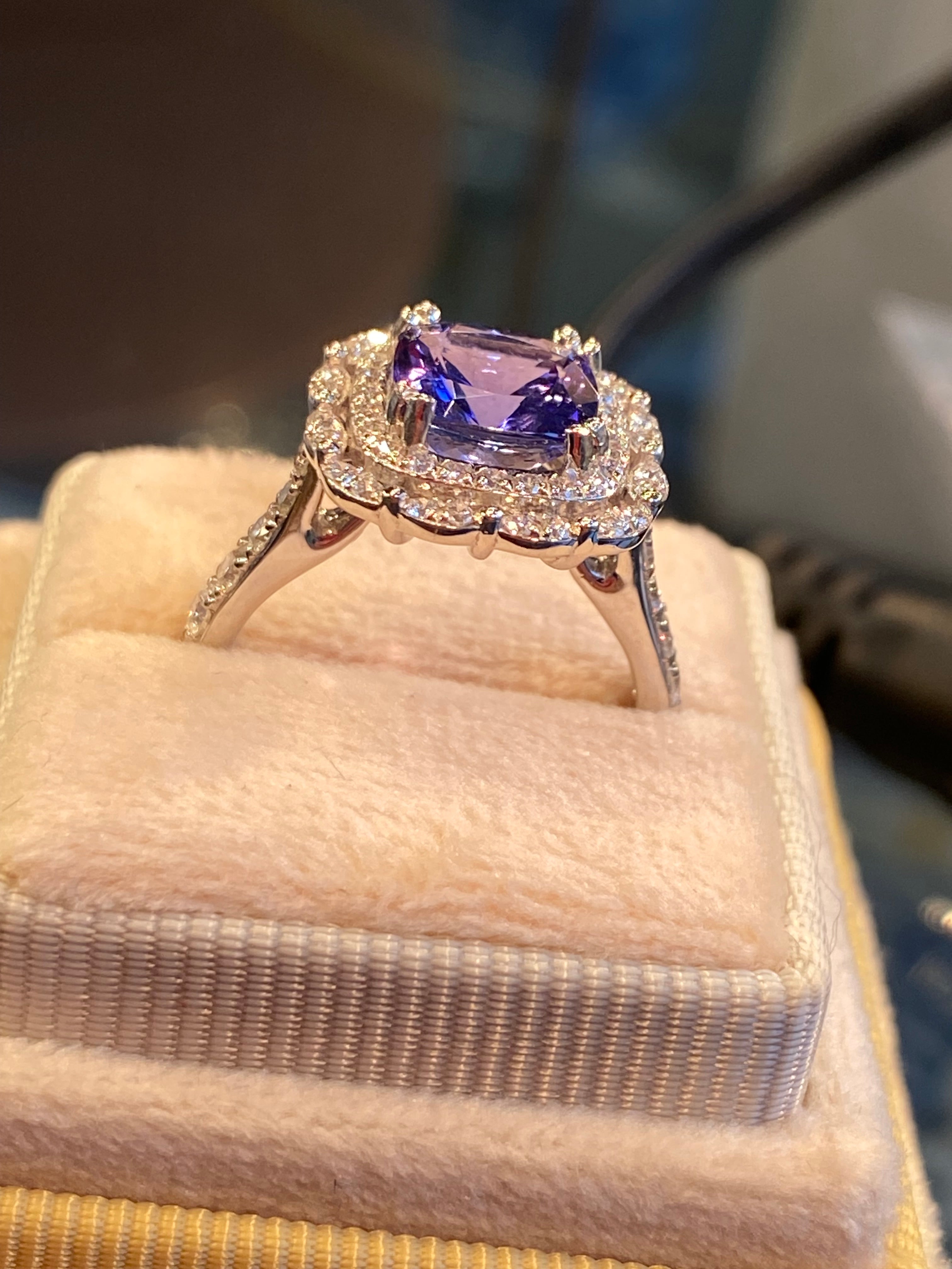 2.36 Carat Cushion Cut Tanzanite and 0.71 ctw Natural Diamond Ring in Platinum