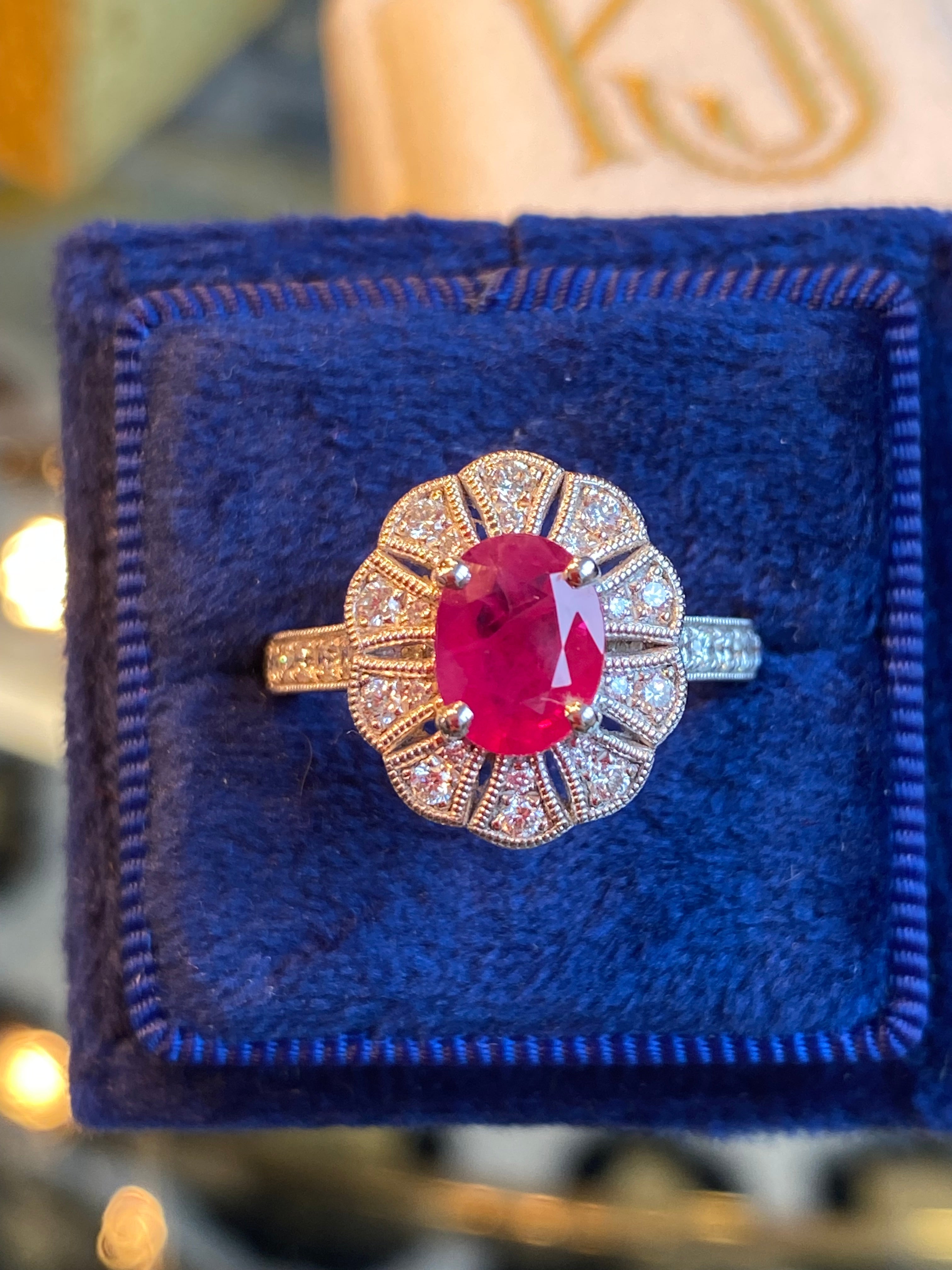 1.71 CTW Oval Cut Ruby and Diamond Art Deco Style Ring in Platinum