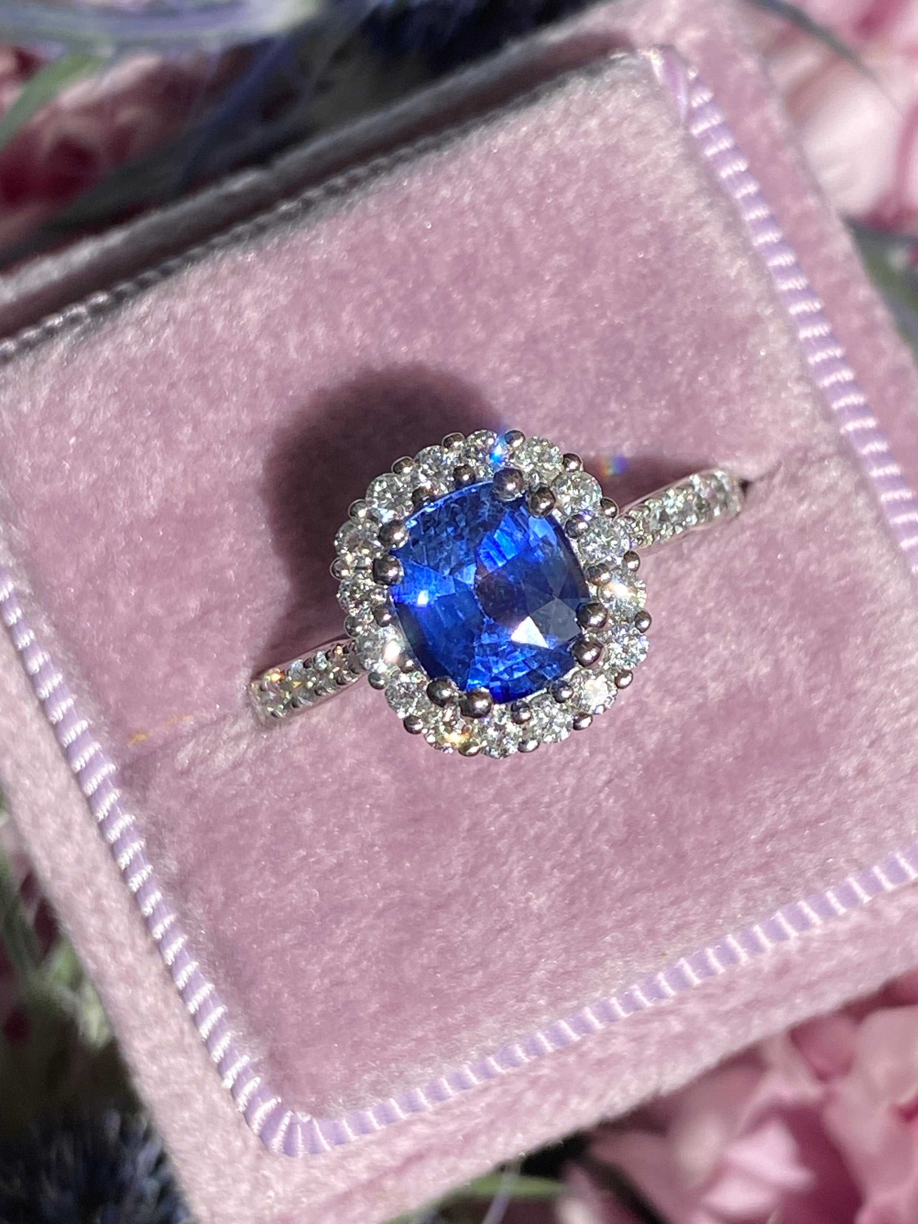 2.17 CTW Blue Ceylon Sapphire and Natural Diamond Three Stone Engagement Ring in Platinum