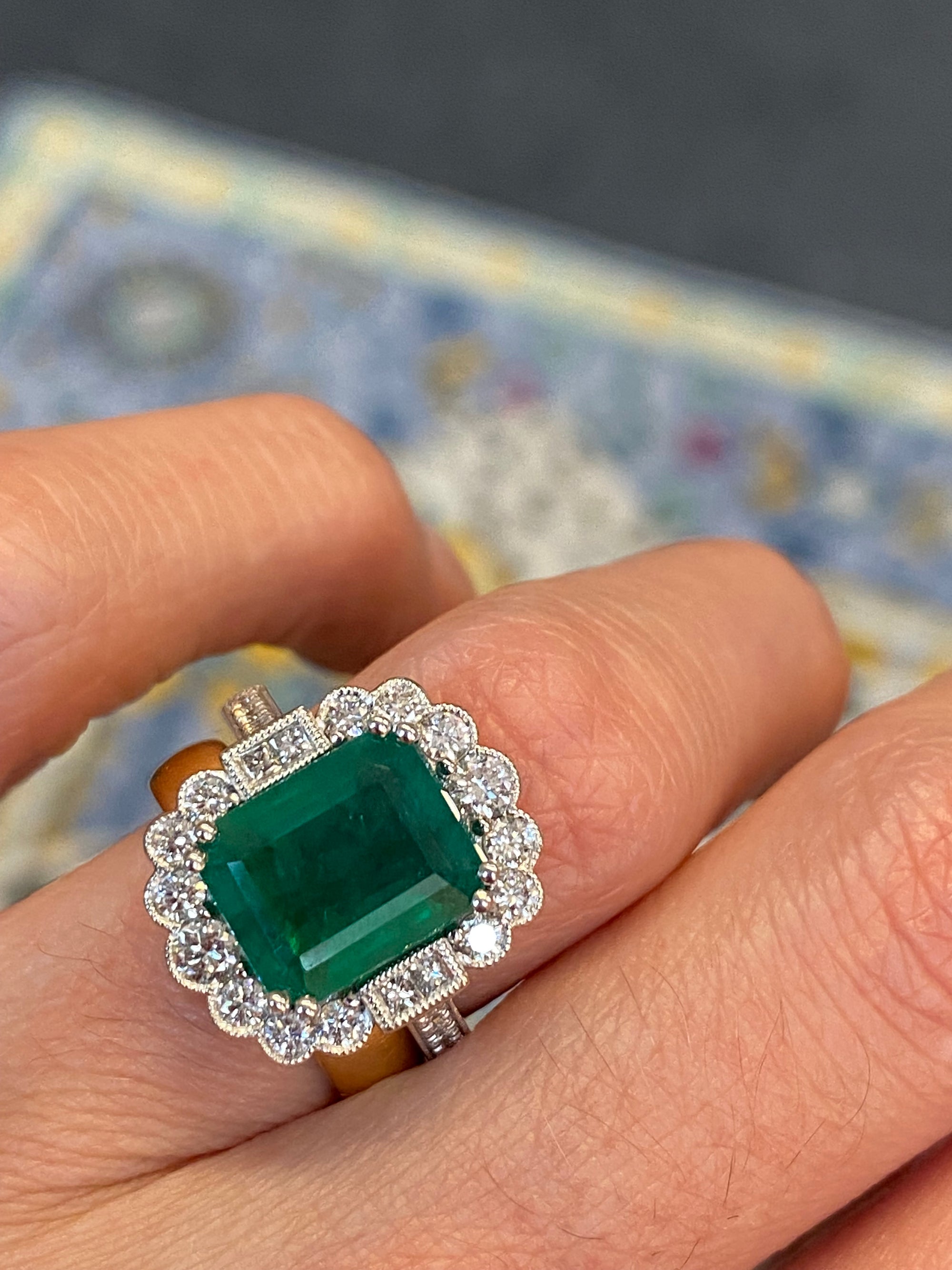 3.88 Carat Emerald and Natural Diamond Halo Ring in Platinum