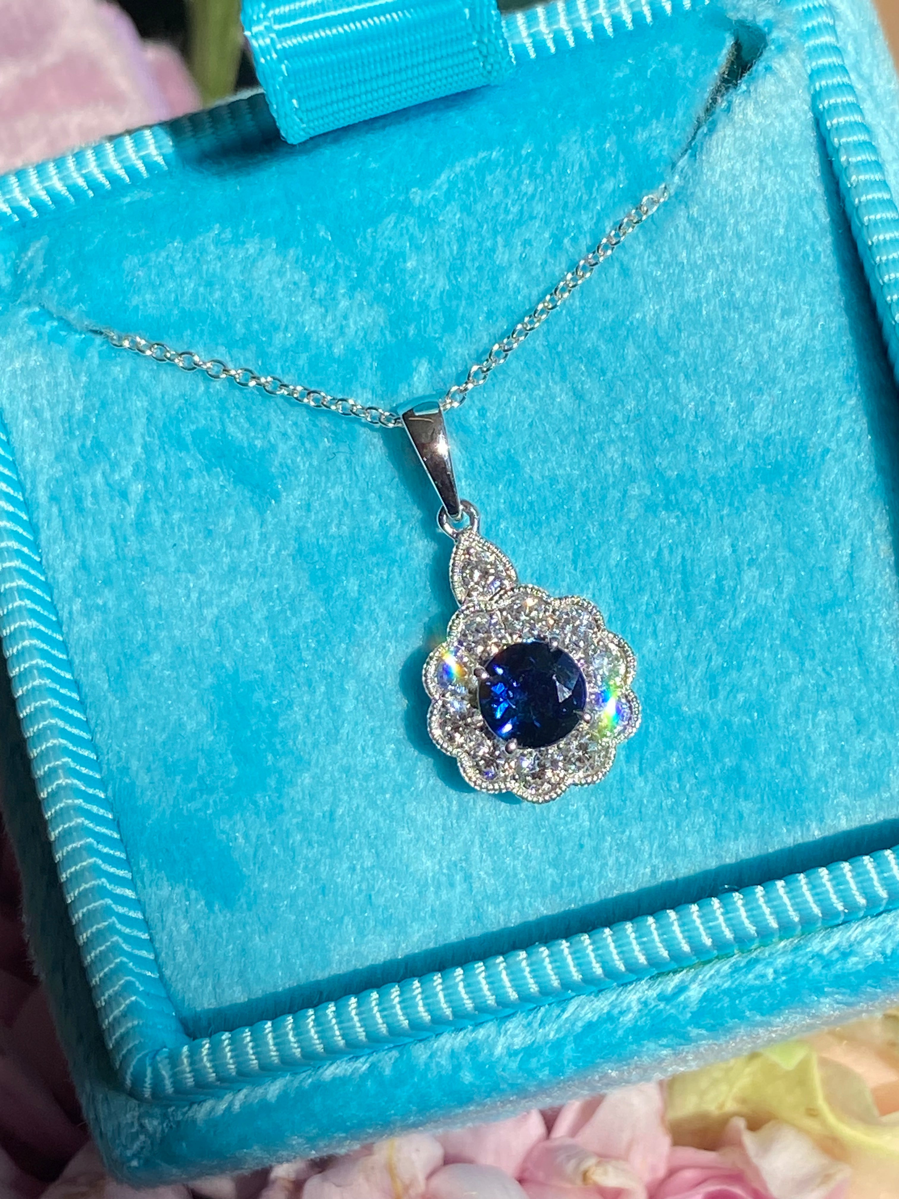 0.86 CTW Sapphire and Natural Diamond Pendant Necklace in 18ct White Gold