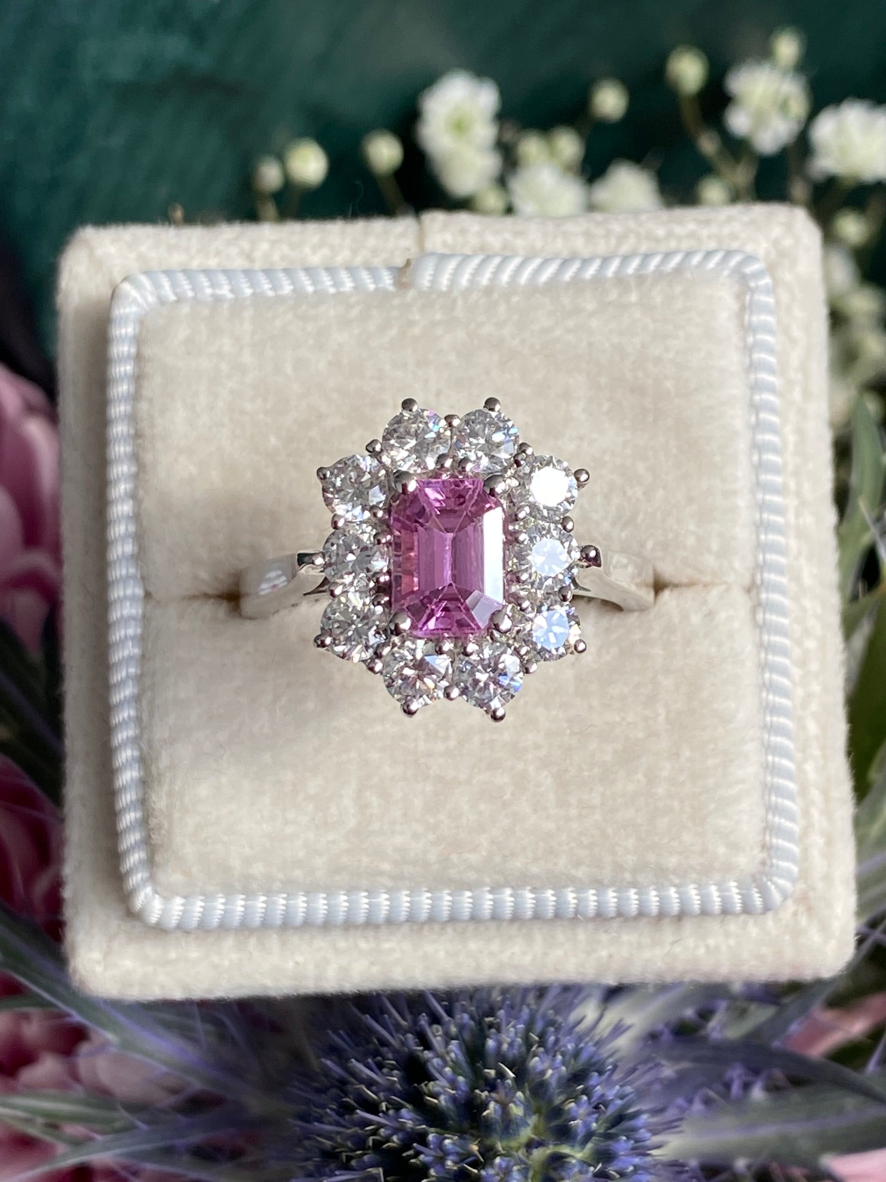 2.33 CTW Emerald Cut Pink Sapphire and Natural Diamond Halo Ring in Platinum