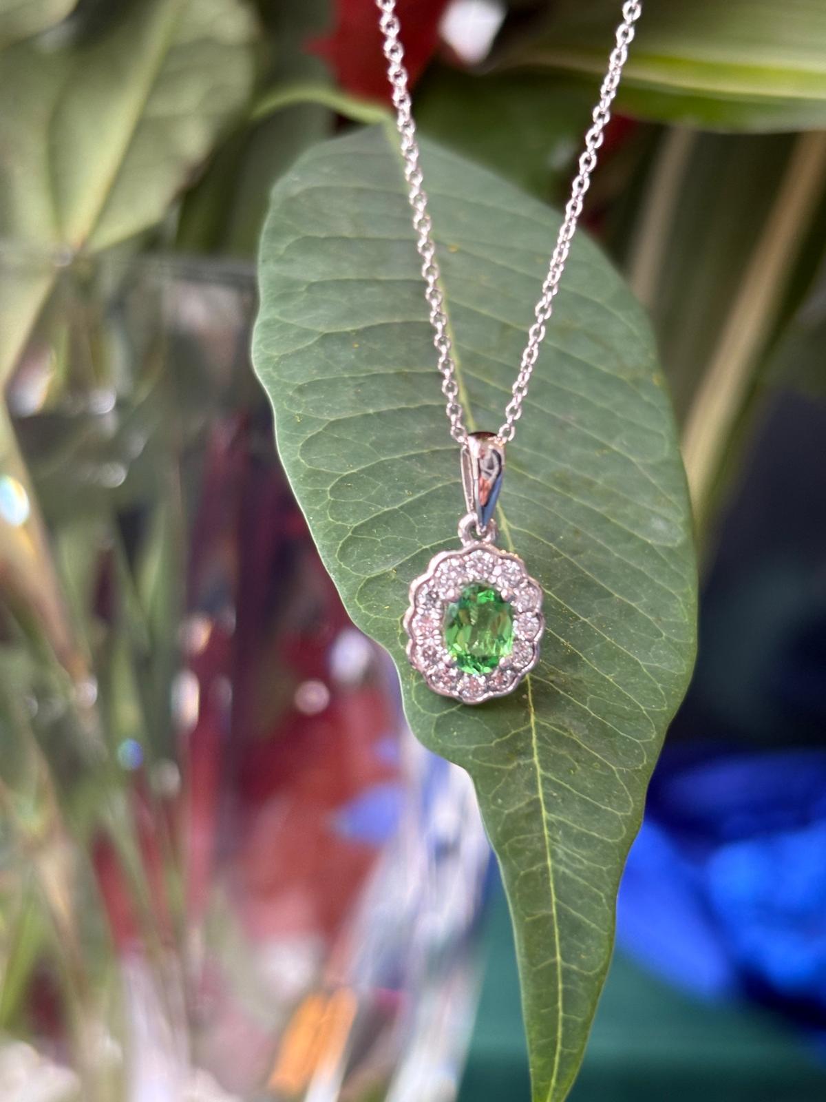 0.64 CTW Tsavorite Garnet and Natural Diamond Pendant Necklace in 18ct White Gold