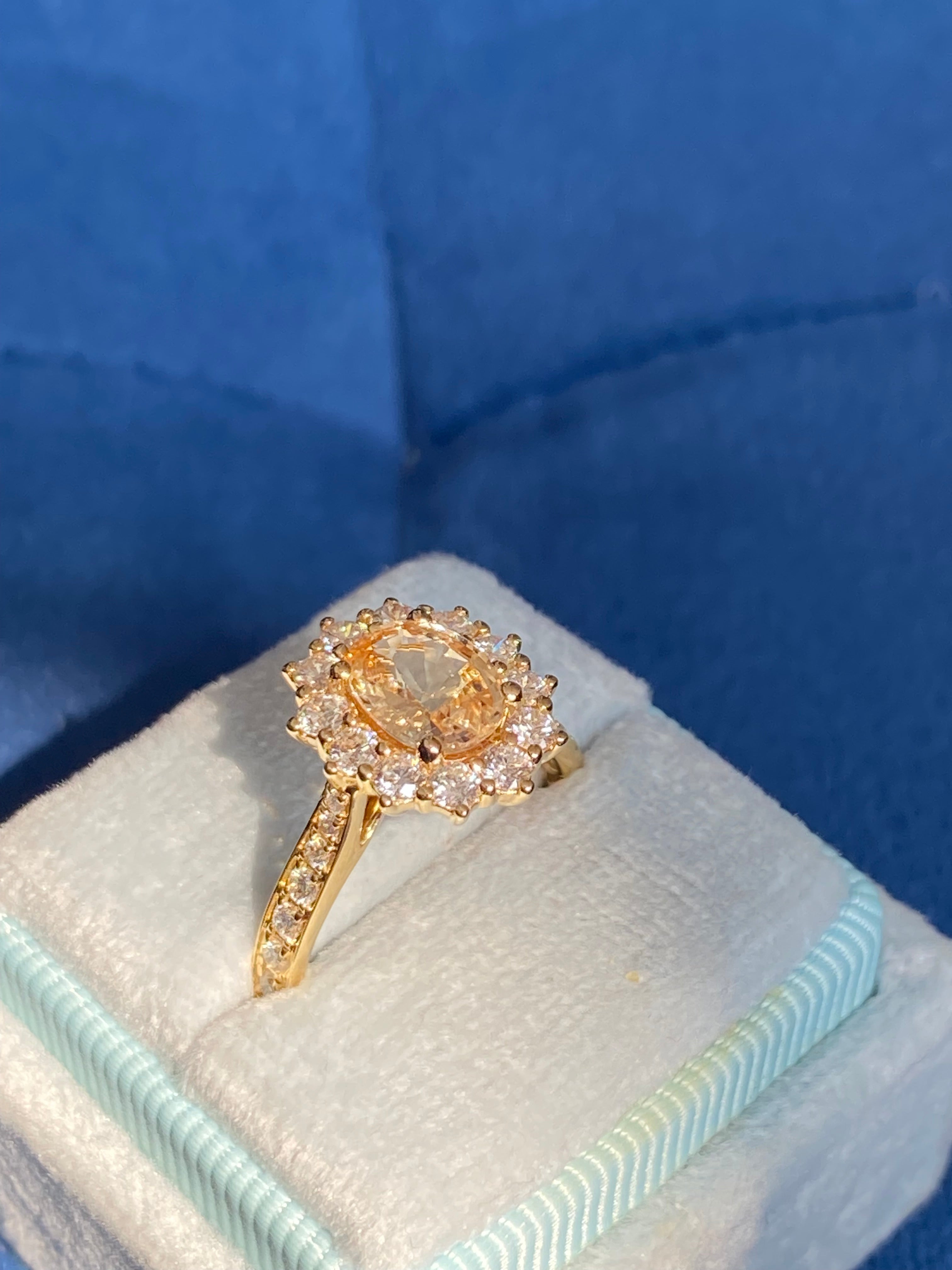 2.24 CTW Peach Sapphire and Natural Diamond Halo Ring in 18ct Yellow Gold