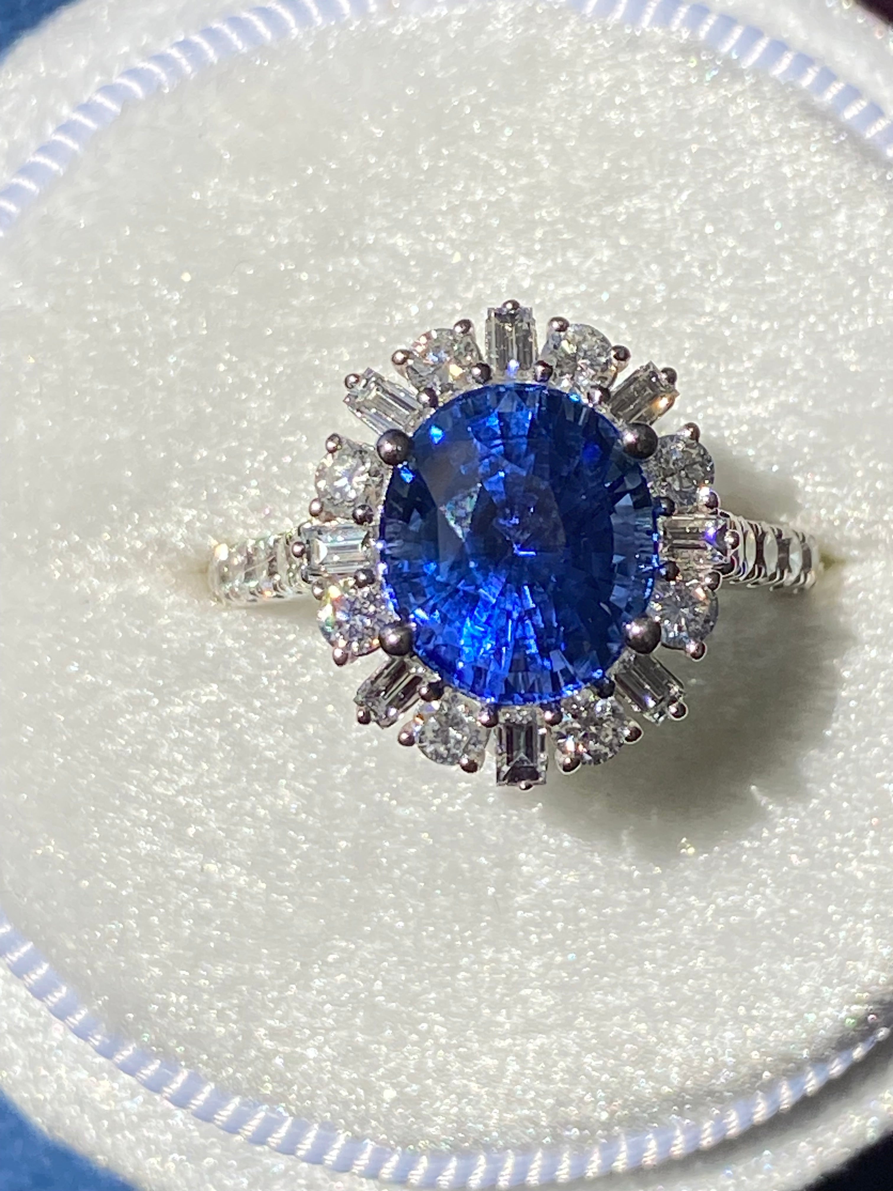 3.72 Carat Blue Ceylon Sapphire and 0.91ctw Natural Diamond Halo Ring in Platinum