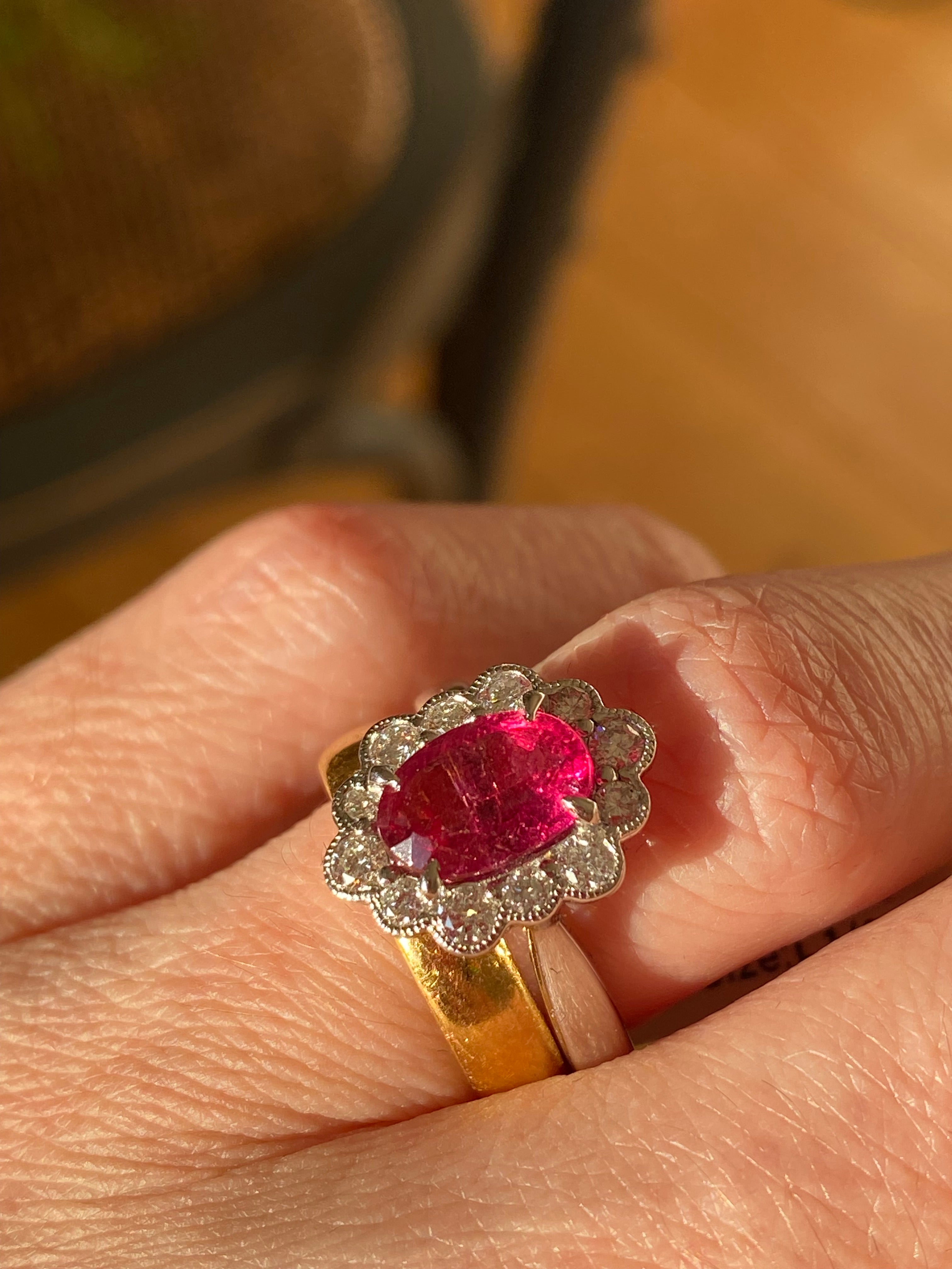 1.44 Carat Cut Pink Tourmaline and Natural Diamond Ring in Platinum