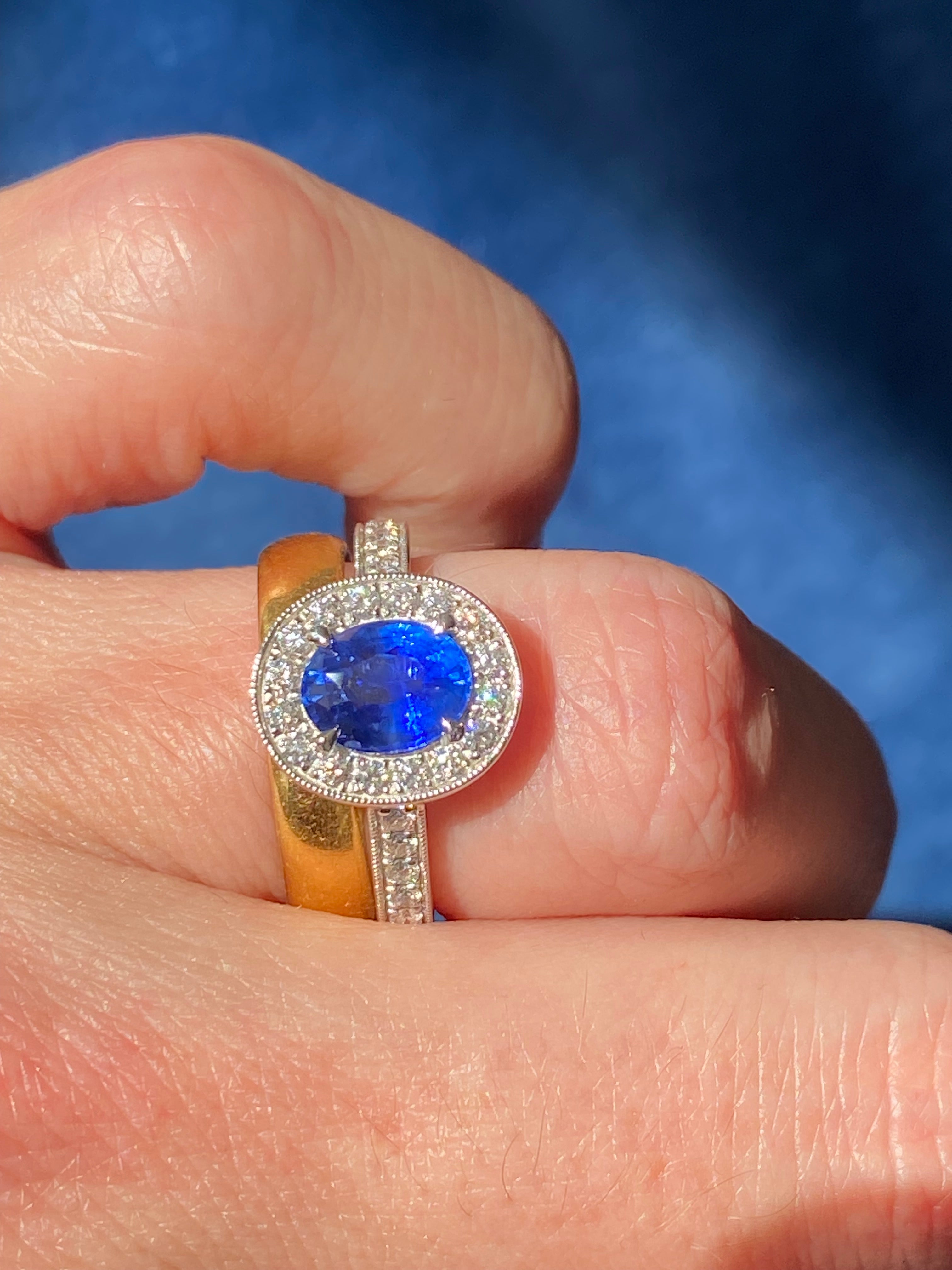 1.98 CTW Blue Ceylon Sapphire and Natural Diamond Halo Ring in Platinum