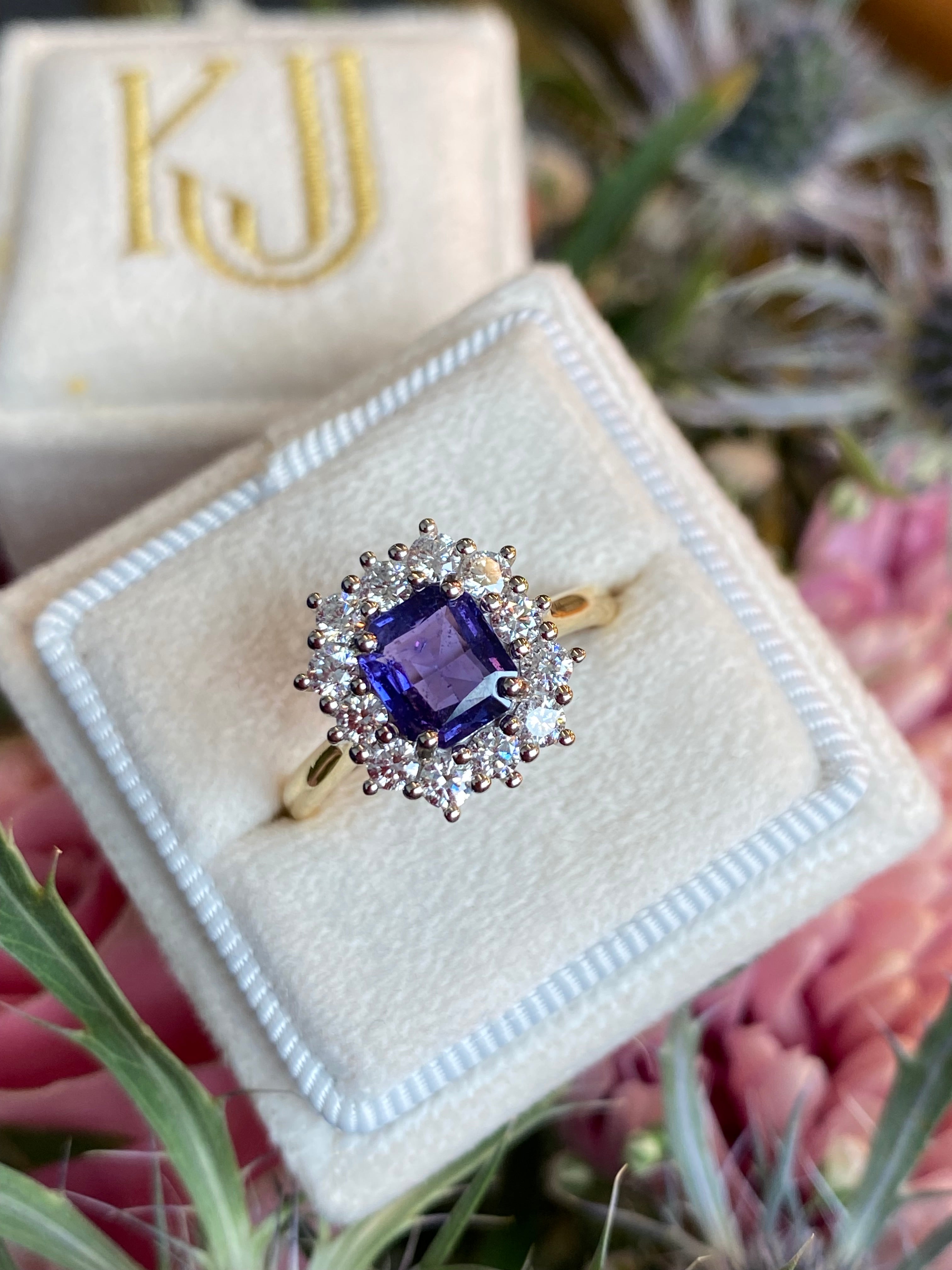 1.31 Carat Purple Sapphire and 0.60ctw Natural Diamond Halo Ring in Platinum and 18ct Gold