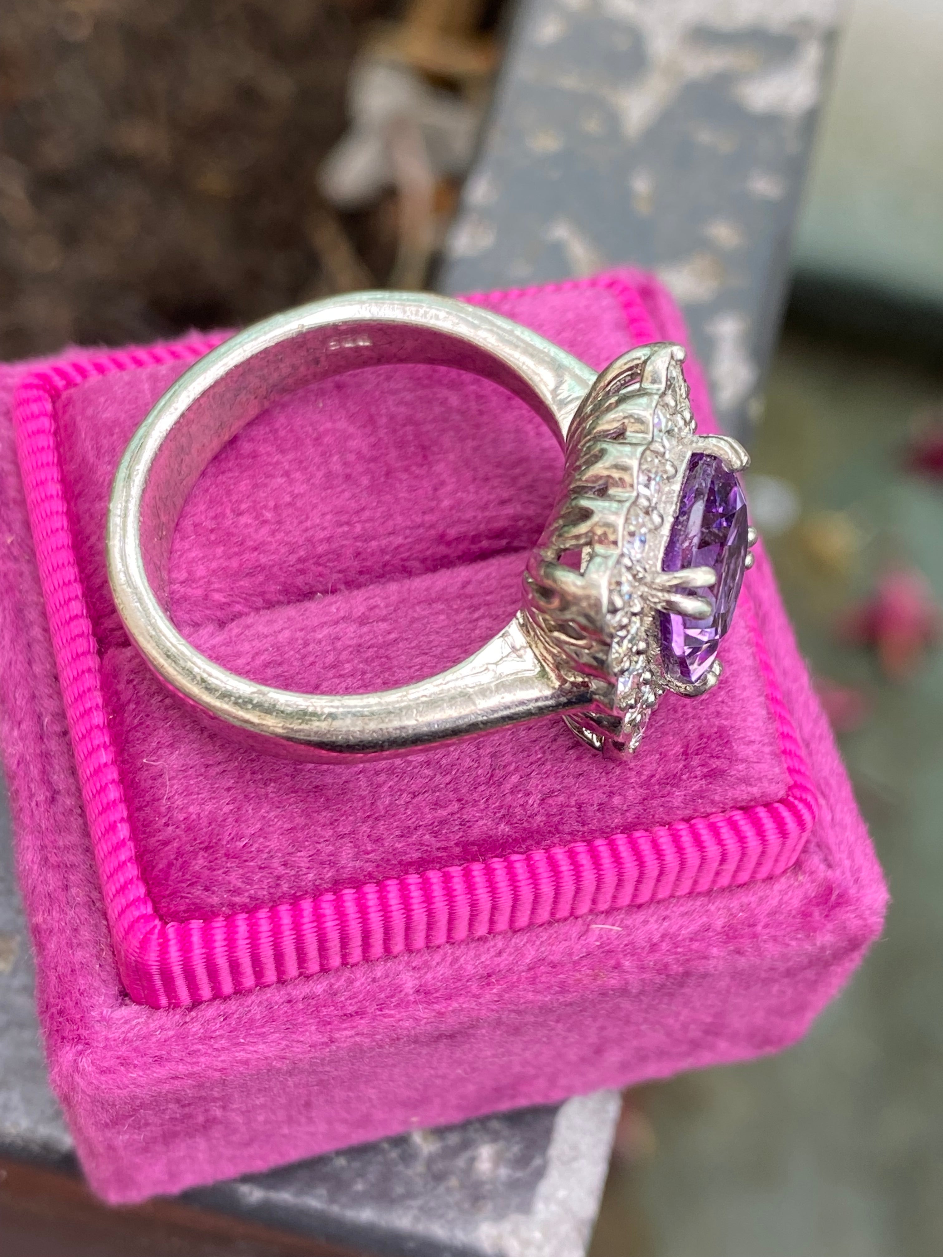 4.29 CTW Cushion Cut Amethyst and Moissanite Halo Cocktail Ring in Sterling Silver