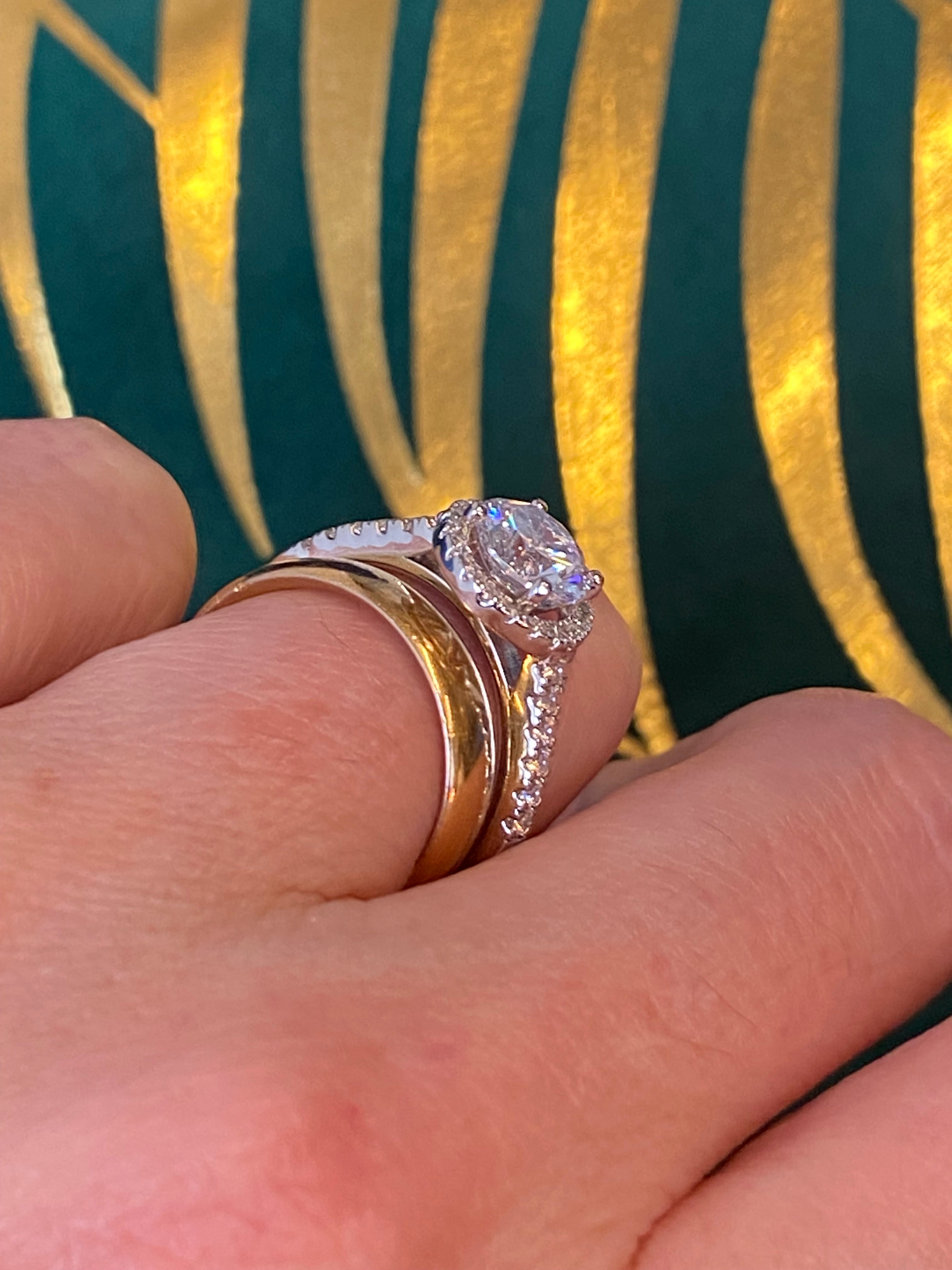 Round Cut Moissanite Halo Engagement and Wedding / Eternity Ring Set in Sterling Silver