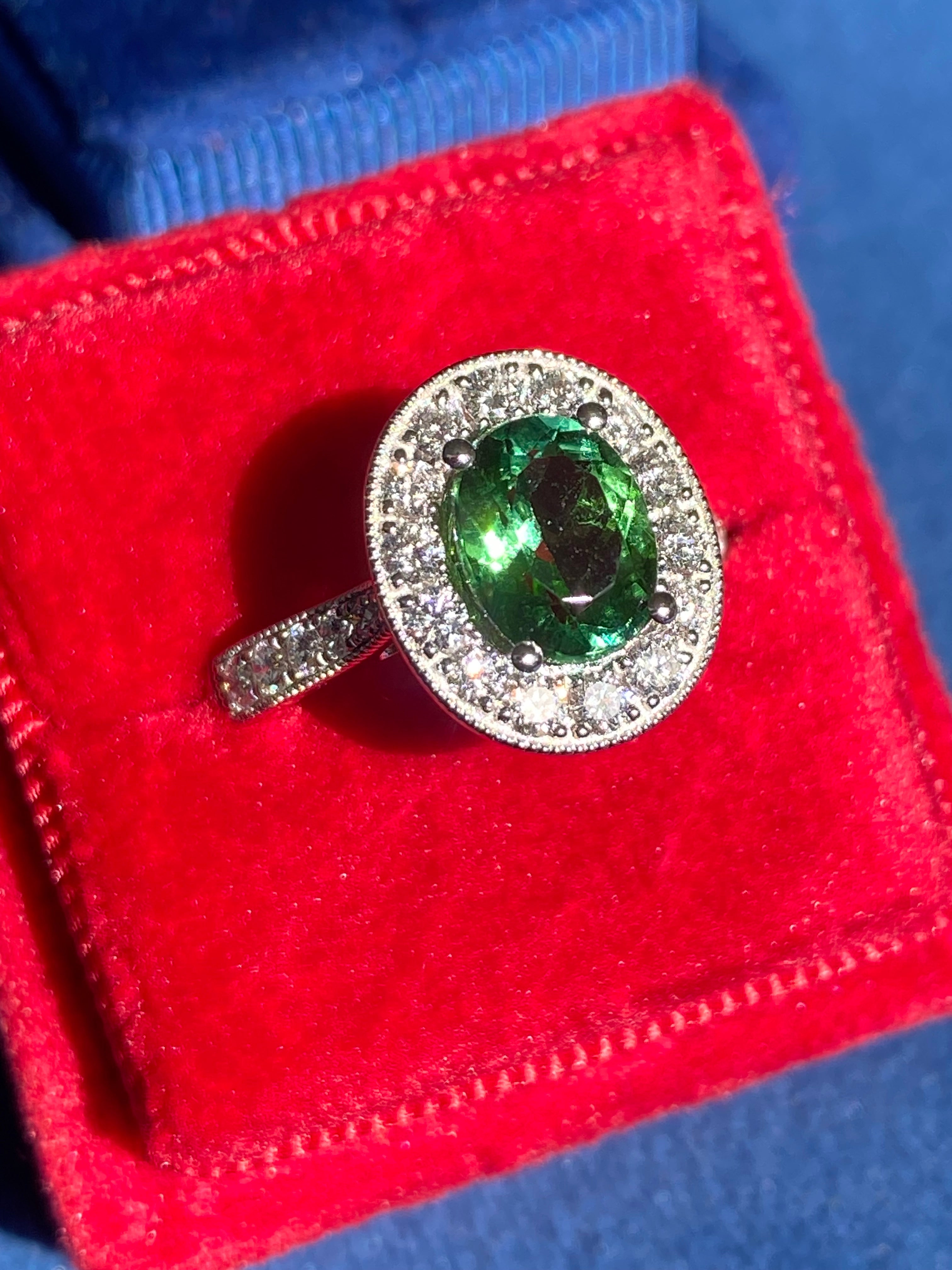 1.66 Carat Oval Cut Mint Tourmaline and 0.66 CTW Natural Diamond Ring in Platinum