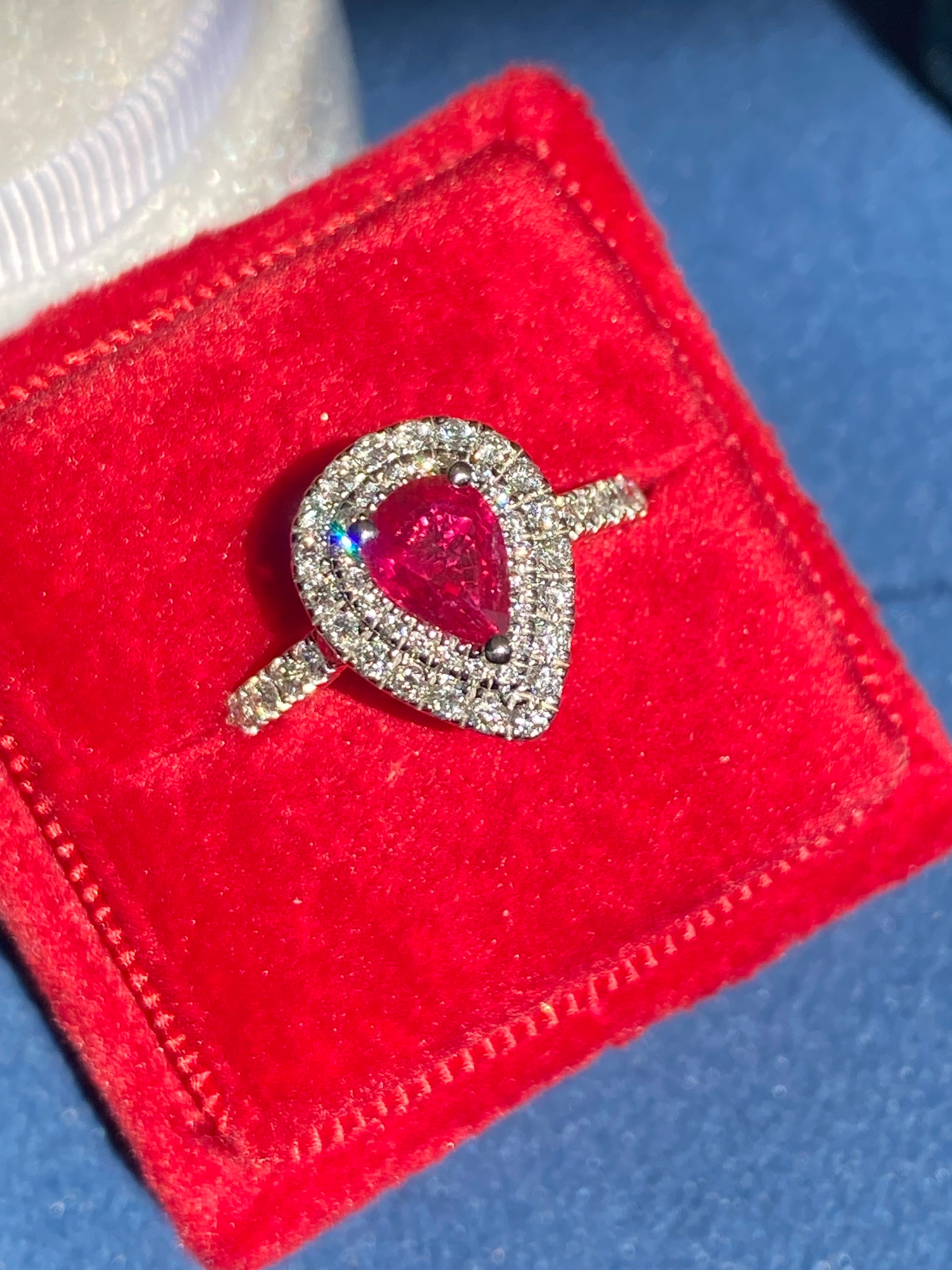 1.16 CTW Pear Cut Ruby and Natural Diamond Ring in Platinum