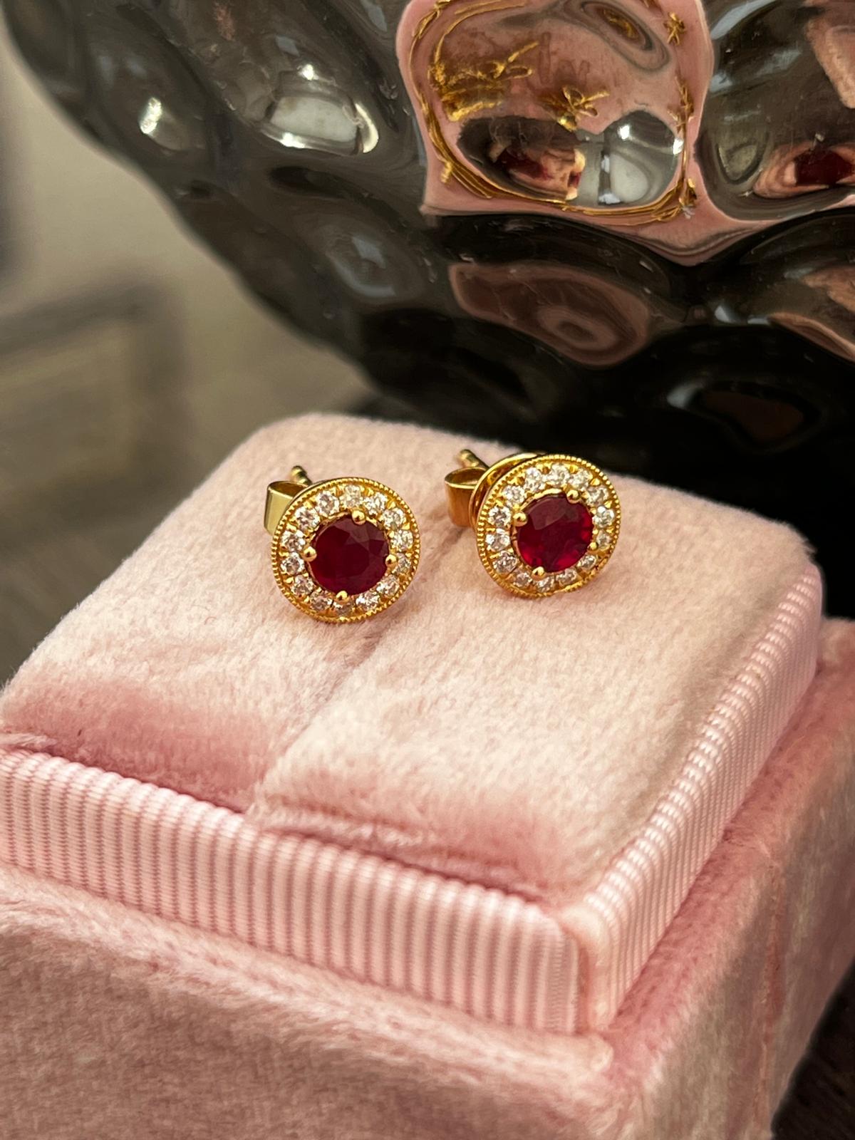 Ruby and Natural Diamond Halo Stud Earrings in 18ct Yellow Gold