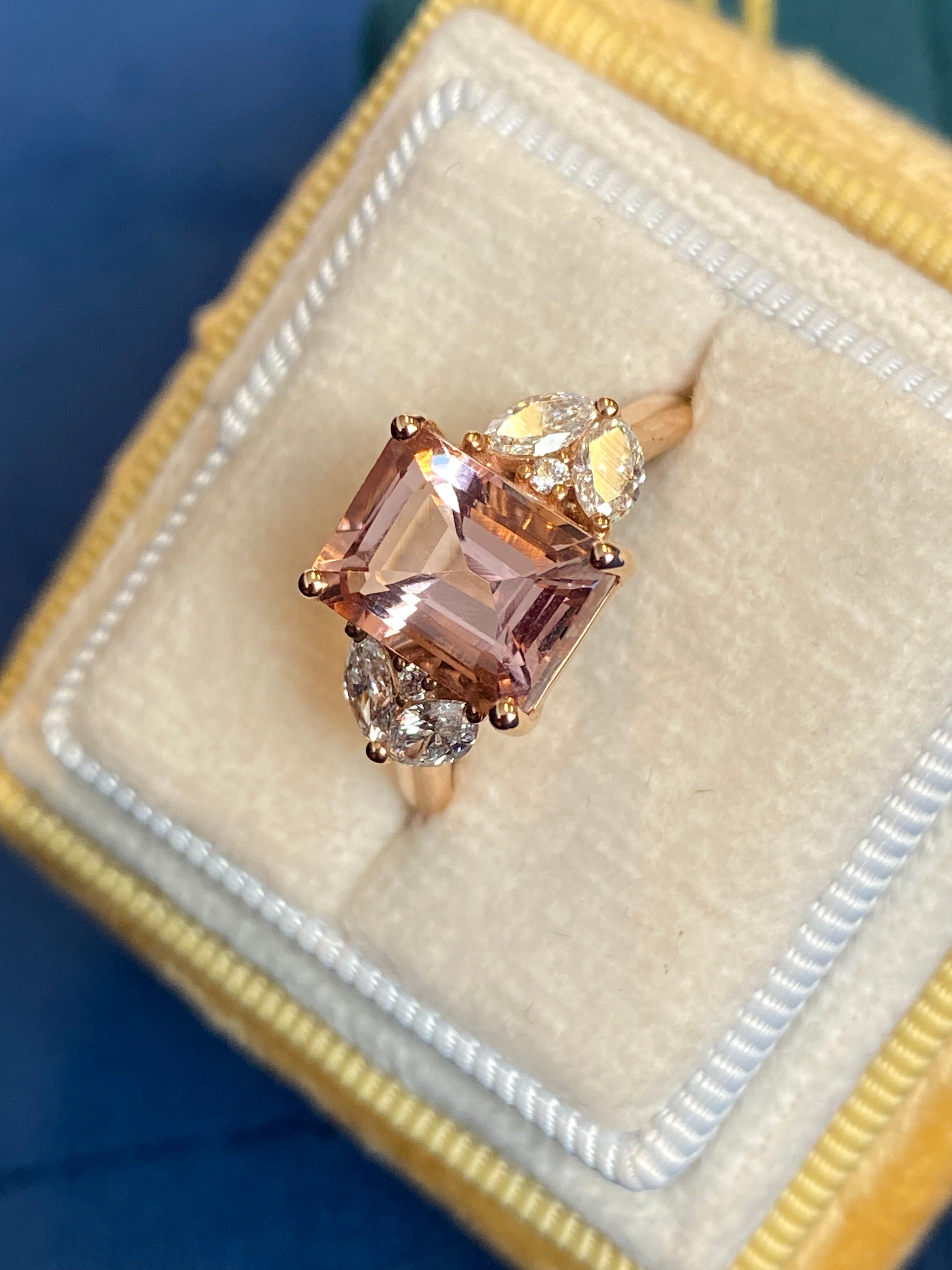 3.25 CTW Emerald Cut Morganite and Diamond Three Stone Engagement Ring in 18ct Rose Gold