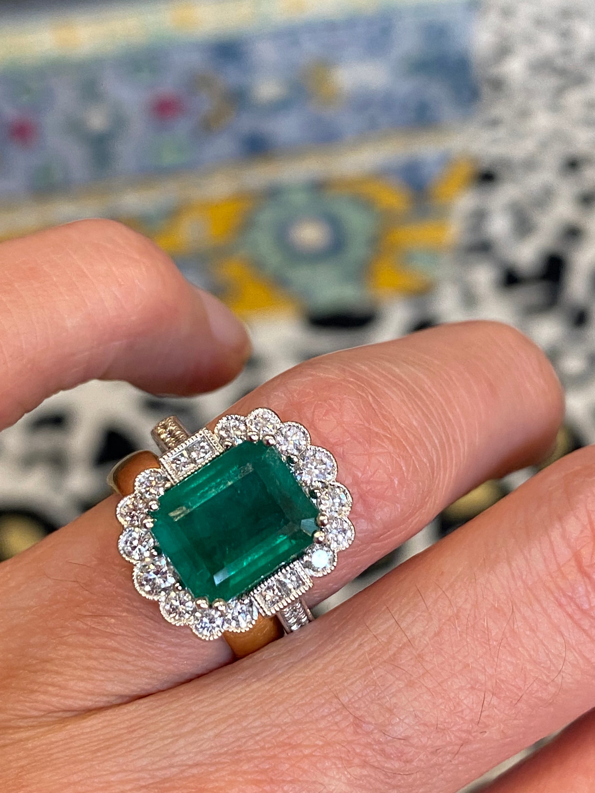 3.88 Carat Emerald and Natural Diamond Halo Ring in Platinum