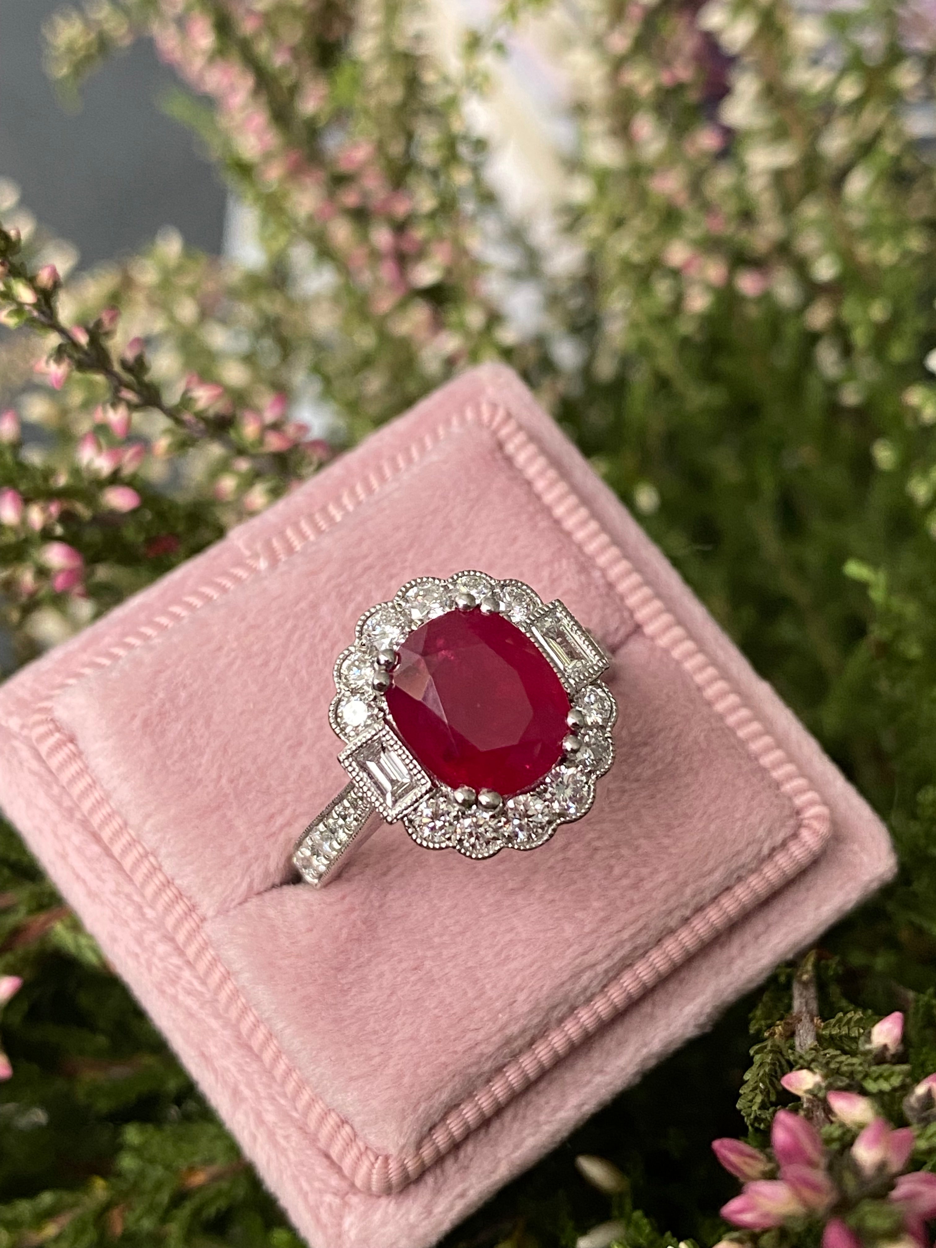 3.54 Carat Oval-Cut Ruby and 0.77 ctw Natural Diamond Halo Ring in Platinum