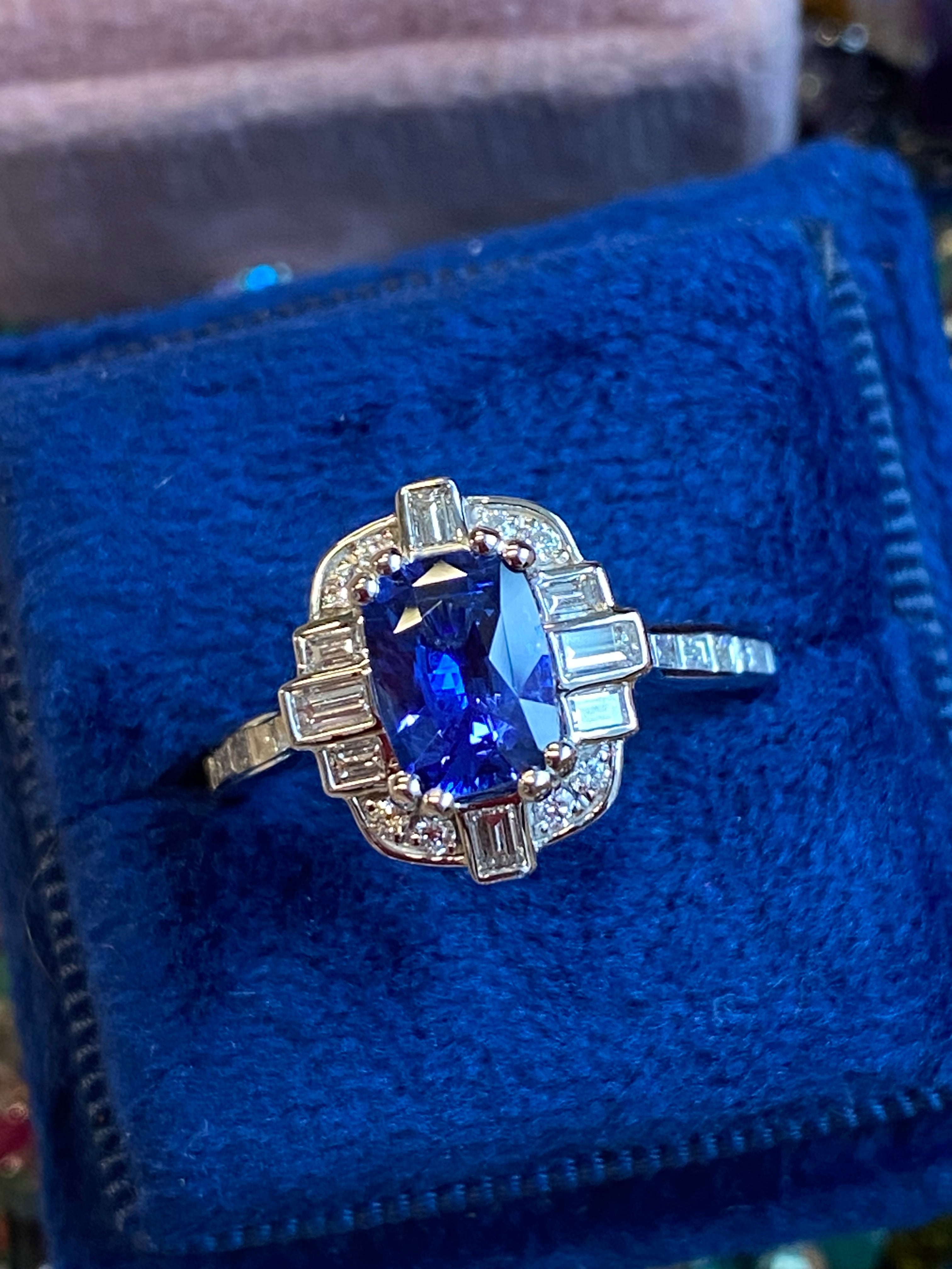 1.94 CTW Blue Ceylon Sapphire and Natural Diamond Art Deco Style Halo Ring in Platinum