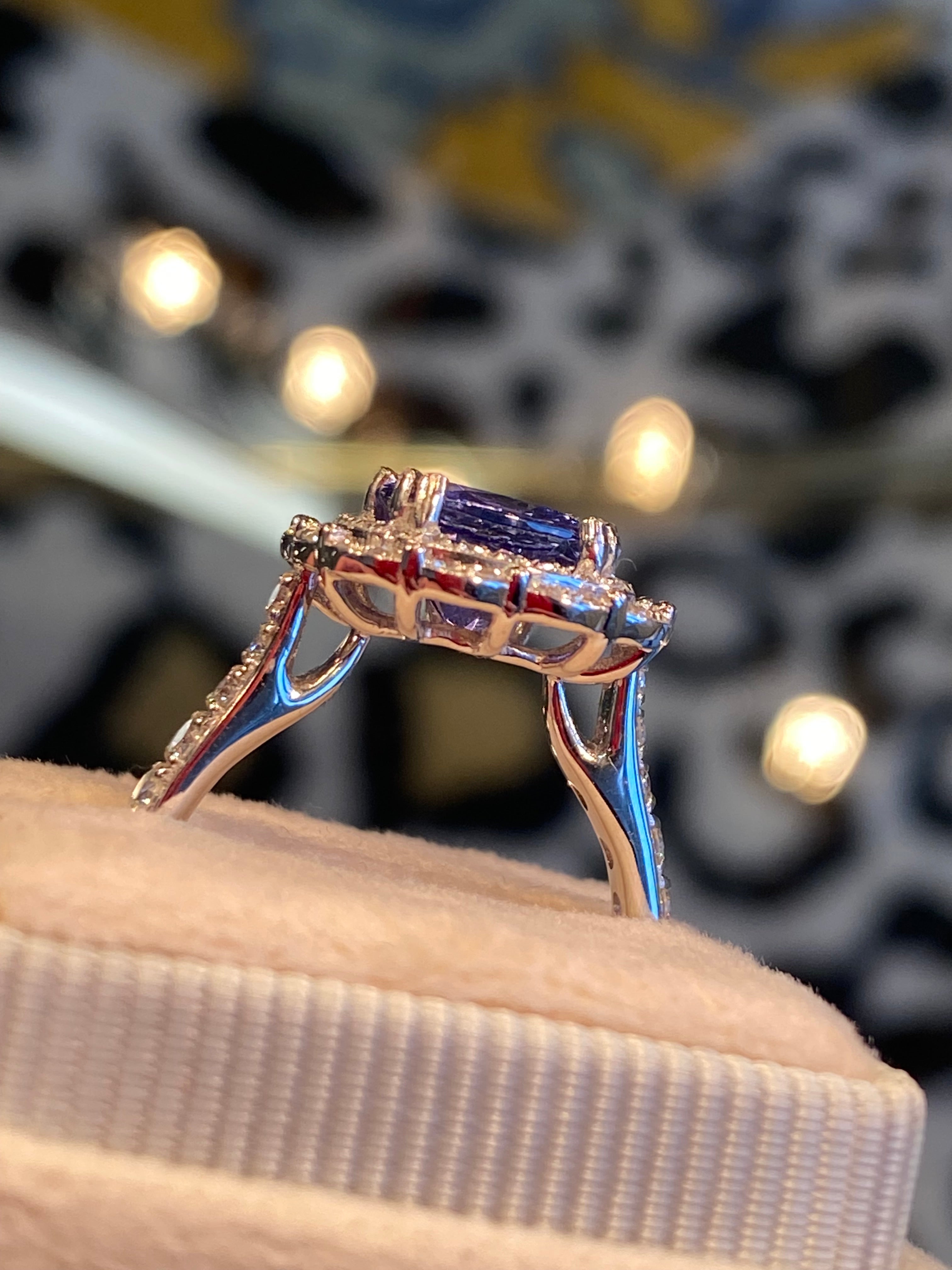 2.36 Carat Cushion Cut Tanzanite and 0.71 ctw Natural Diamond Ring in Platinum