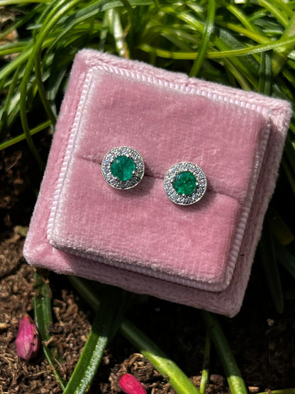 Emerald and Natural Diamond Halo Stud Earrings in 18ct White Gold