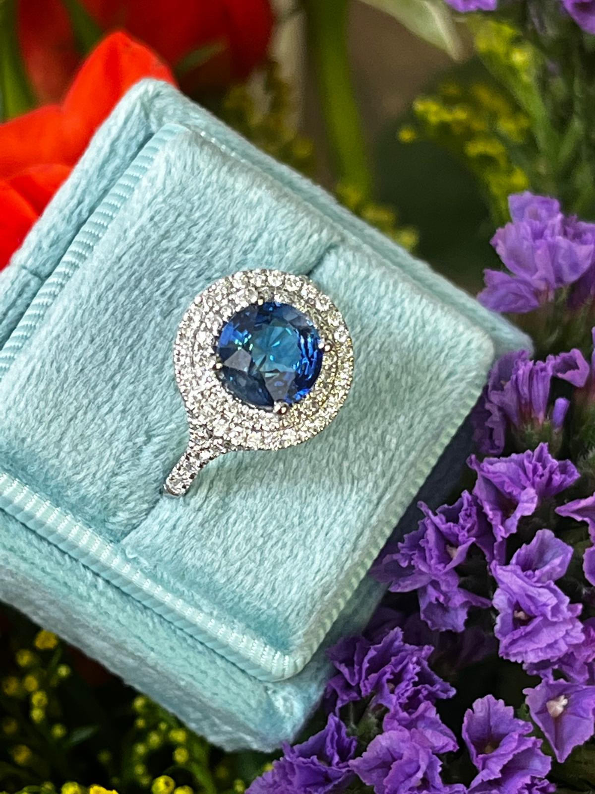 2.56 CTW Blue Ceylon Sapphire and Natural Diamond Double Halo Ring in Platinum