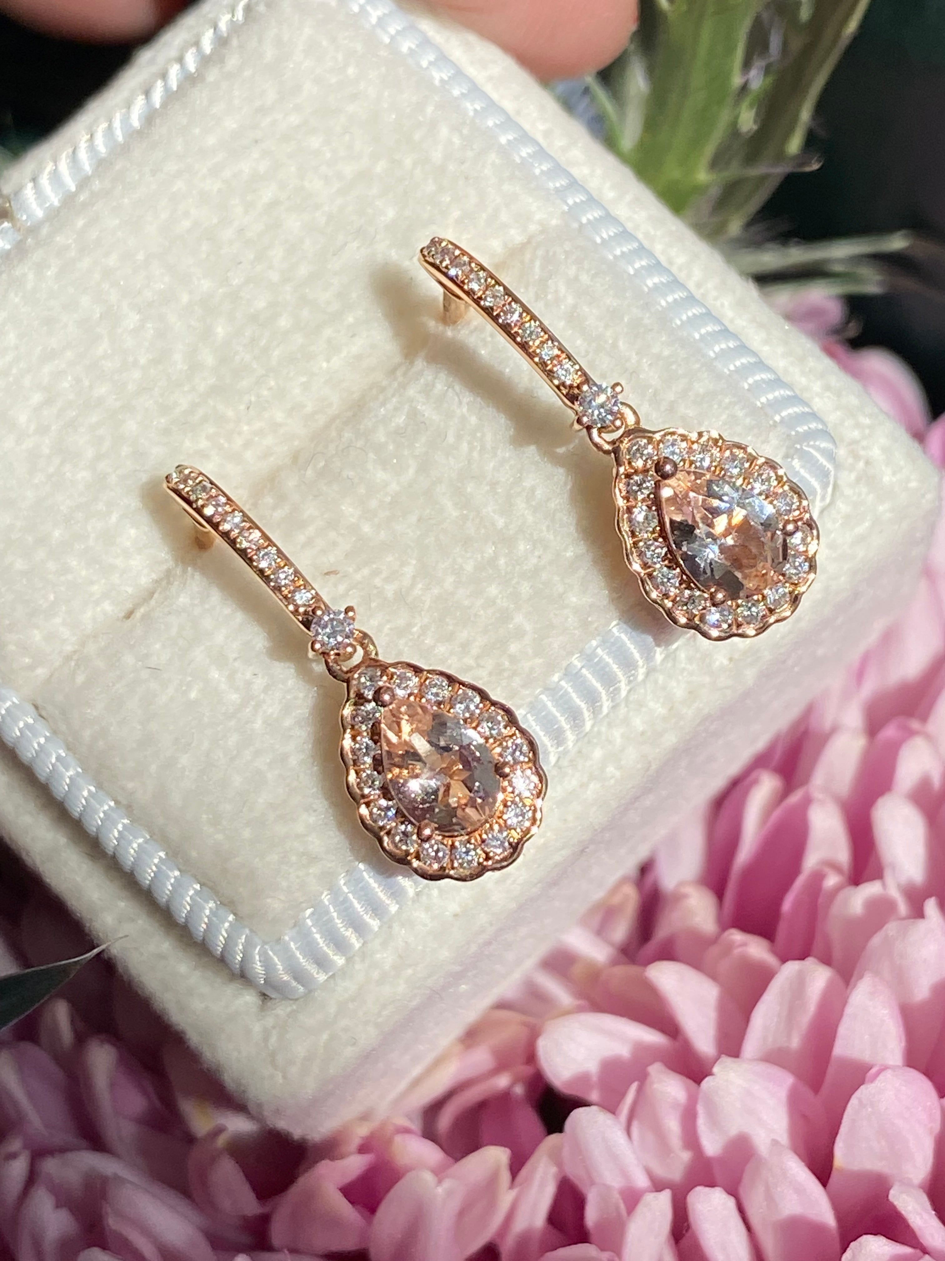 Beautiful Pear Cut Morganite and Natural Diamond Drop Earrings in 18ct Rose Gold