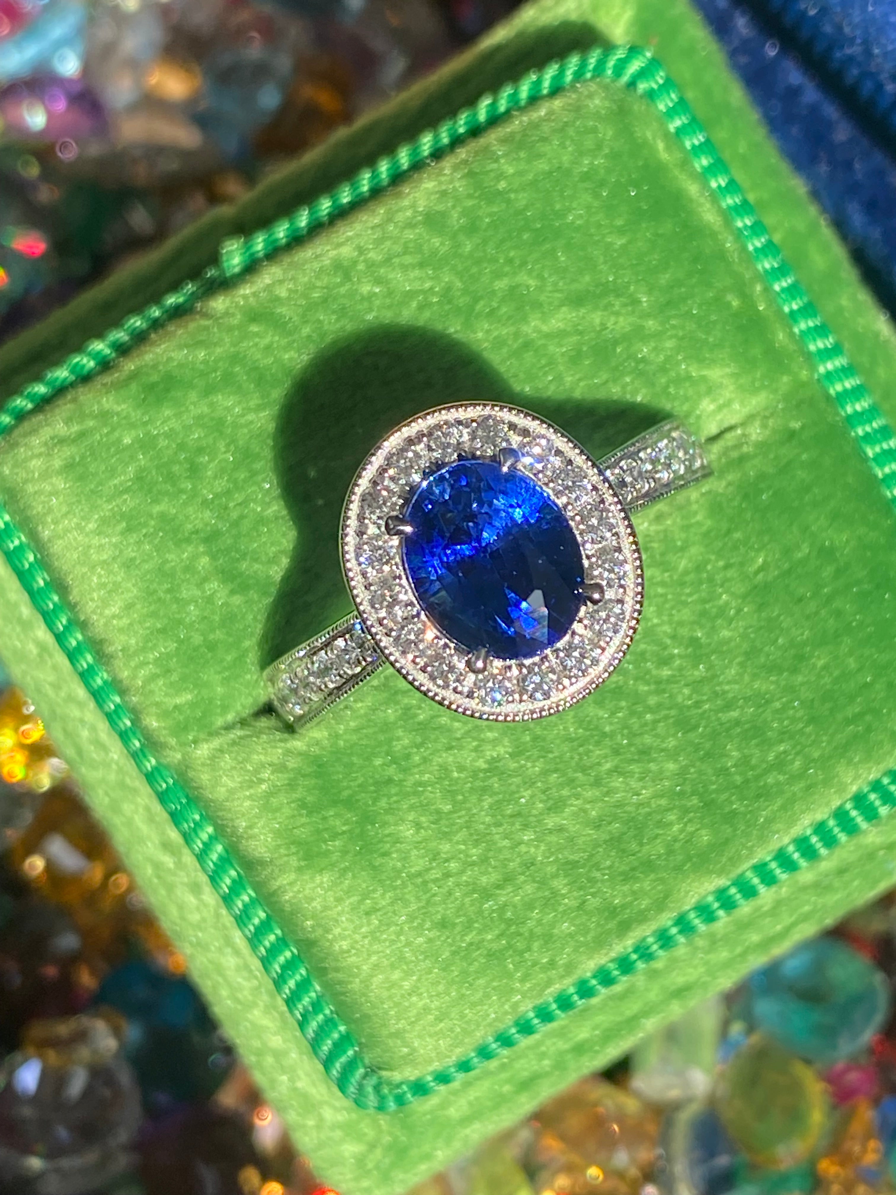 2.14 CTW Blue Ceylon Sapphire and Natural Diamond Halo Ring in Platinum