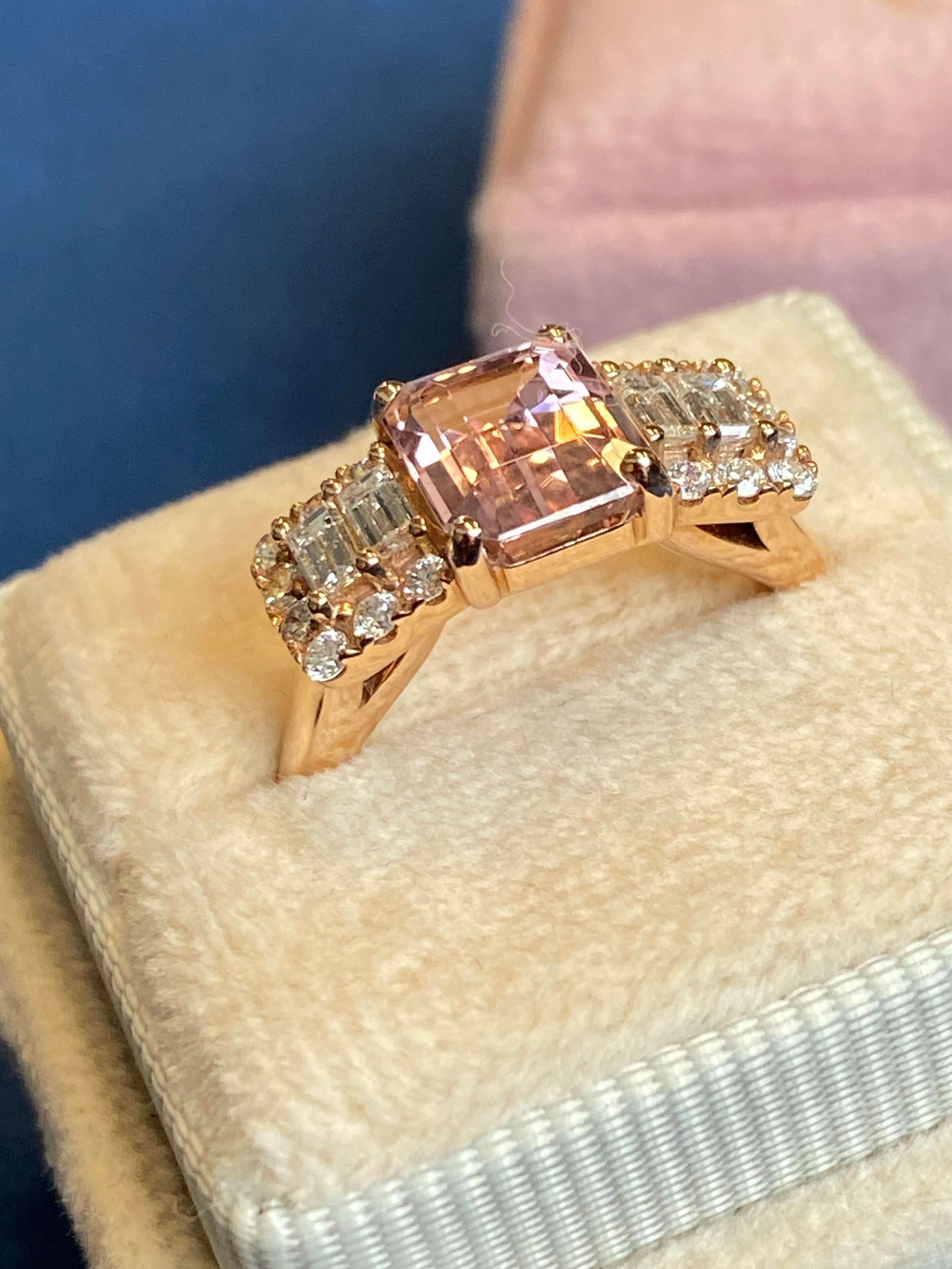 2.49 CTW Emerald Cut Morganite and Diamond Three Stone Style Engagement Ring in 18ct Rose Gold