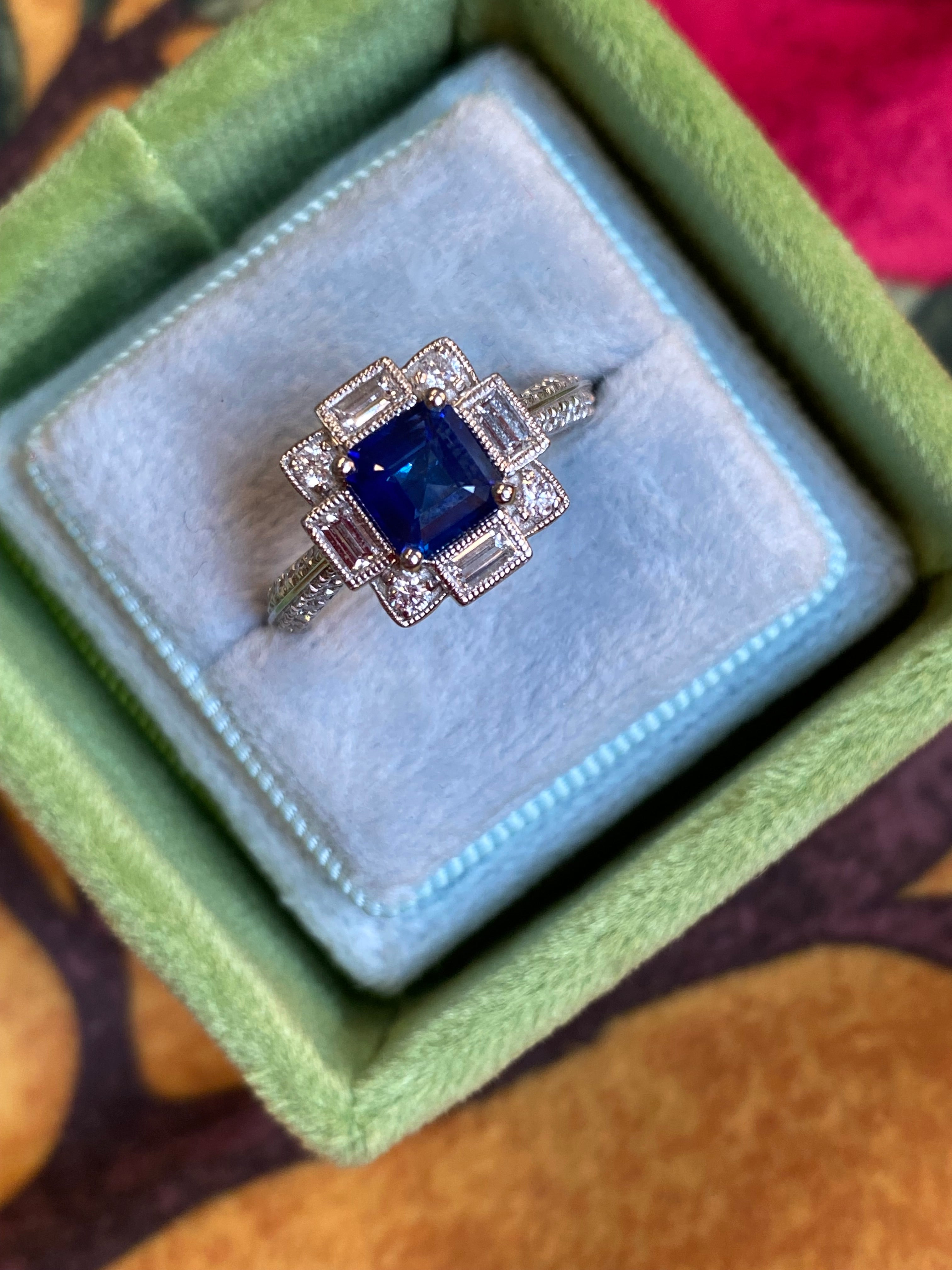 1.79 CTW Blue Ceylon Sapphire and Natural Diamond Art Deco Style Halo Ring in Platinum