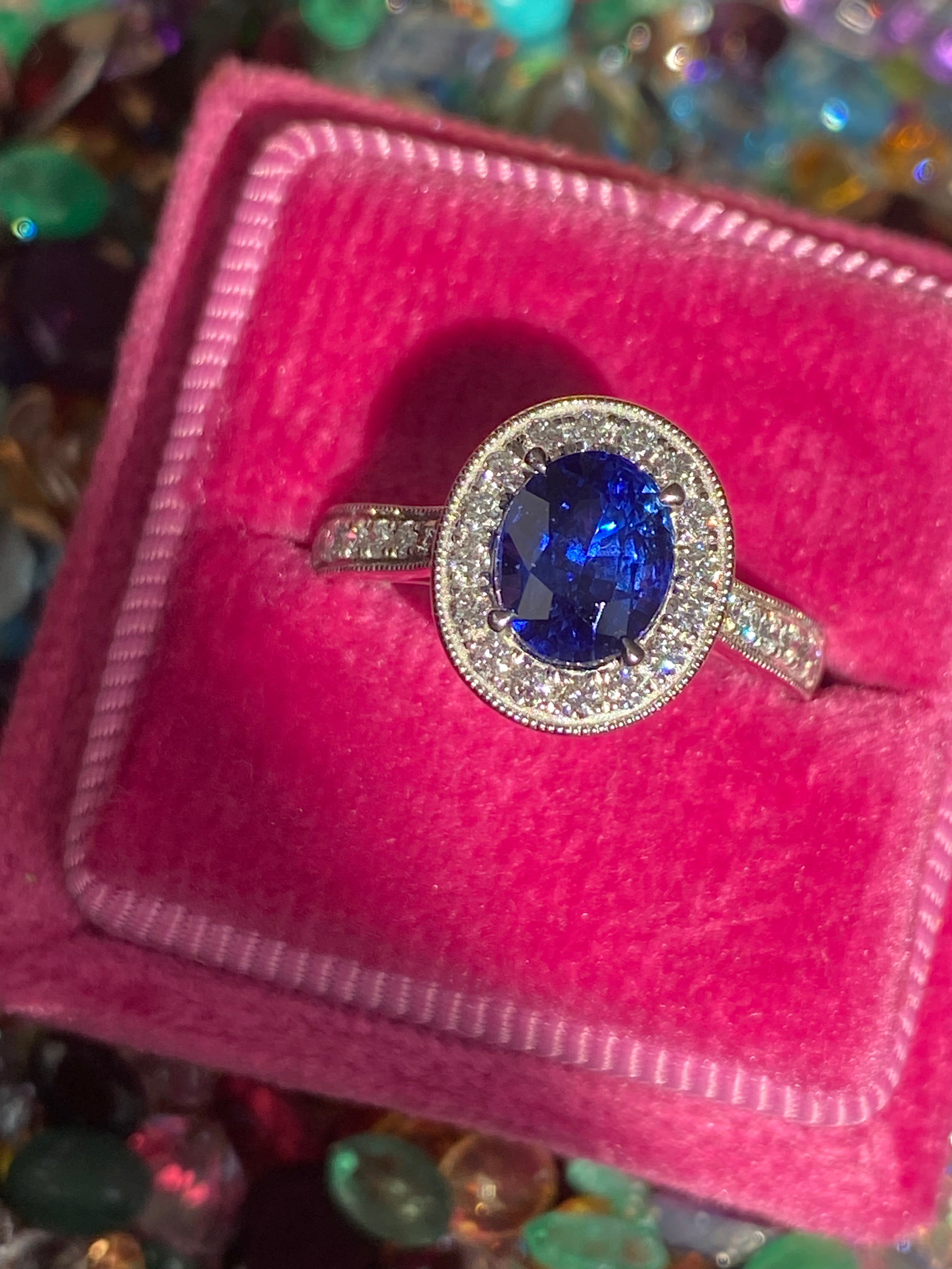 2.14 CTW Blue Ceylon Sapphire and Natural Diamond Halo Ring in Platinum