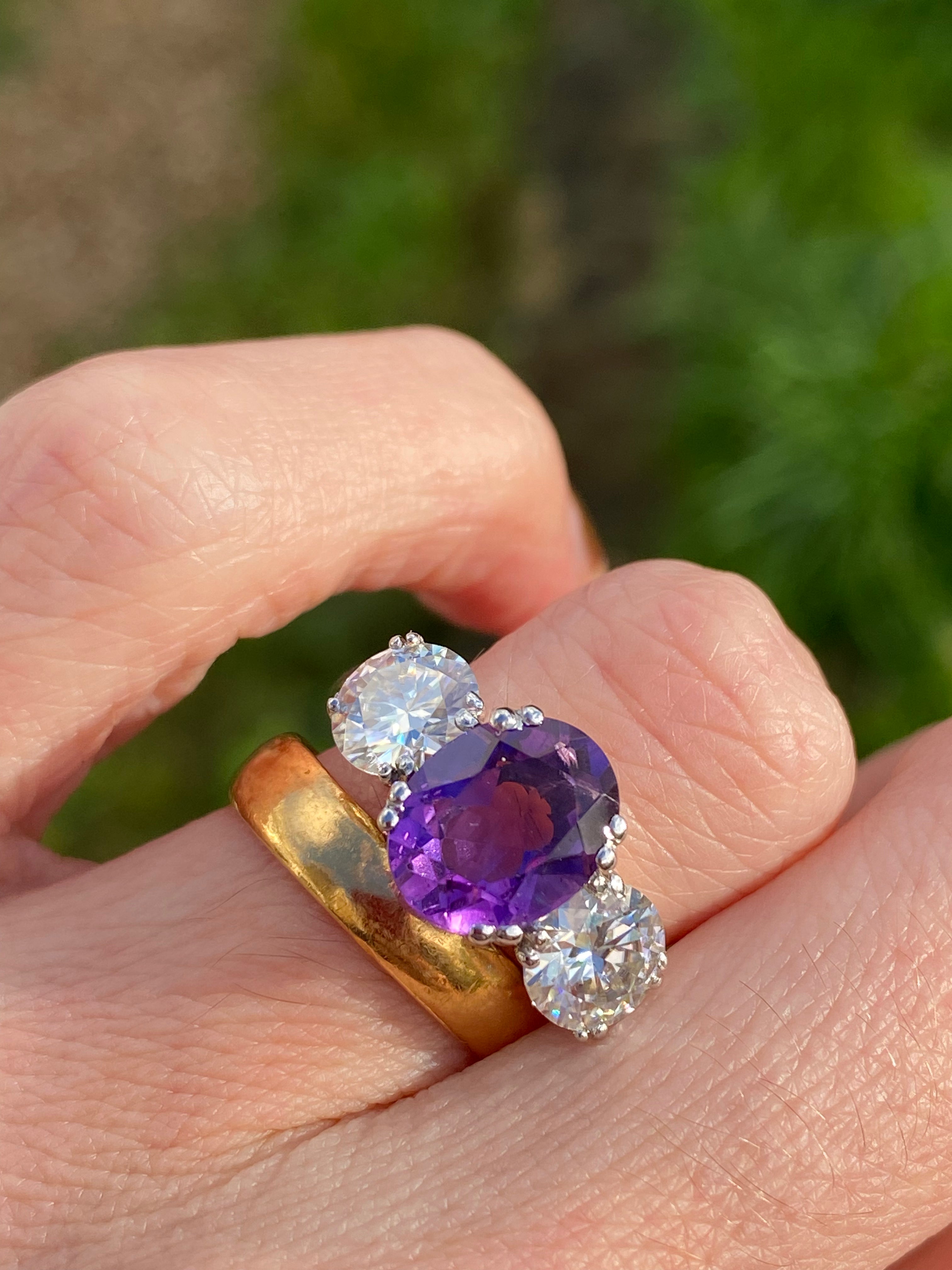 2.57 Carat Amethyst and 1.84 Carat Moissanite Three Stone Ring in Sterling Silver