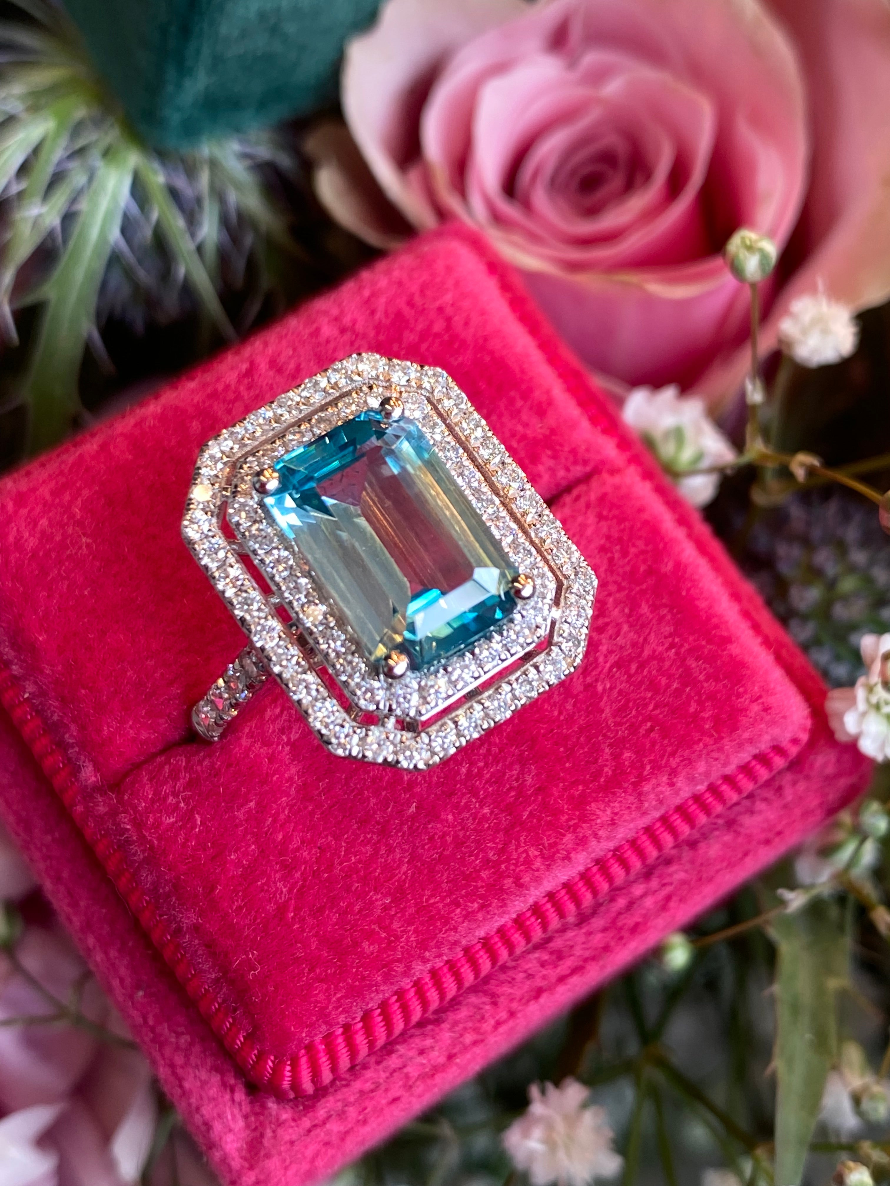 4.74 Ctw Blue Zircon and Natural Diamond Halo Ring in Platinum