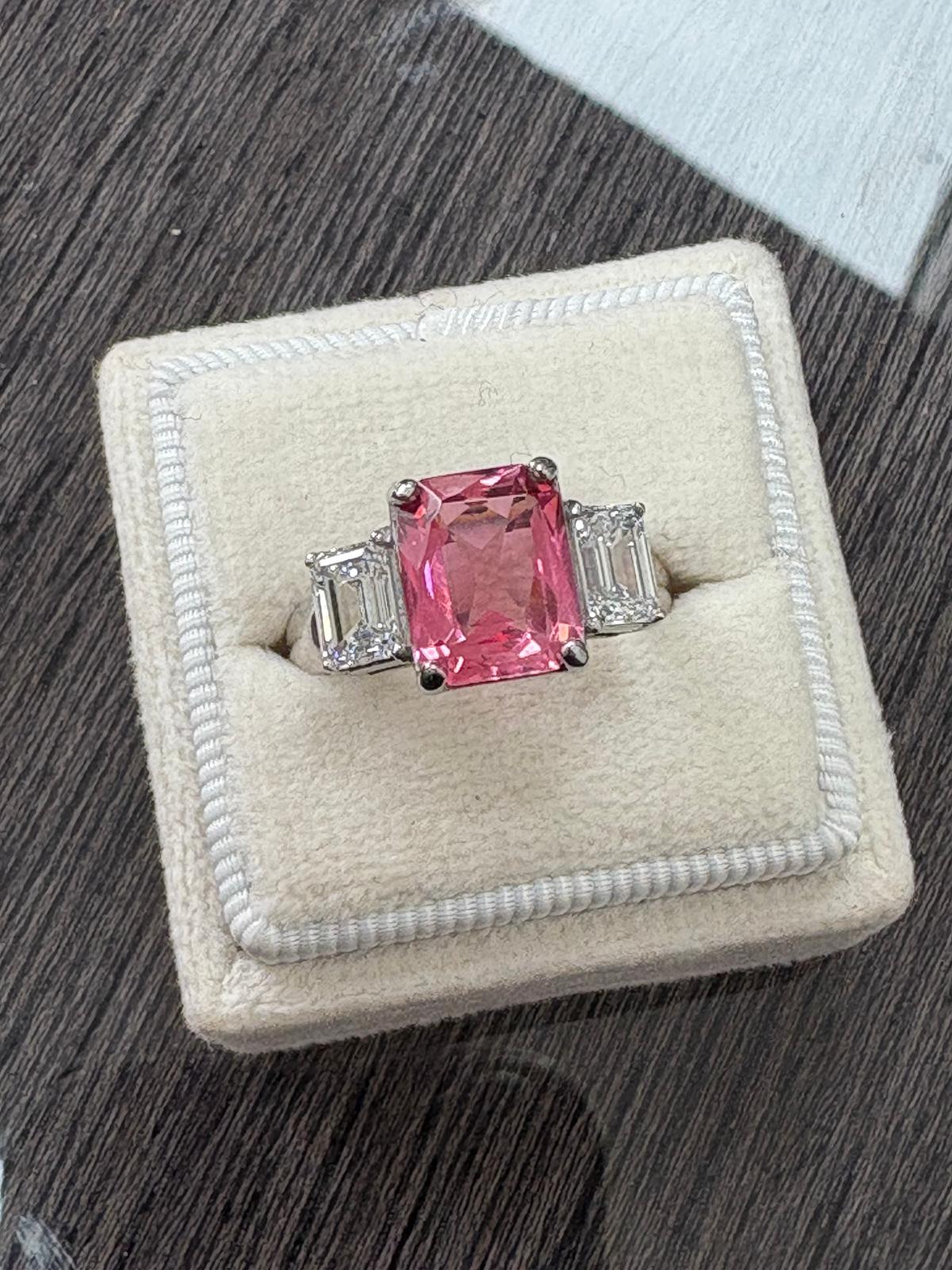 3.45 Carat Pink Tourmaline and 1.34 CTW Lab Diamond Ring in Platinum