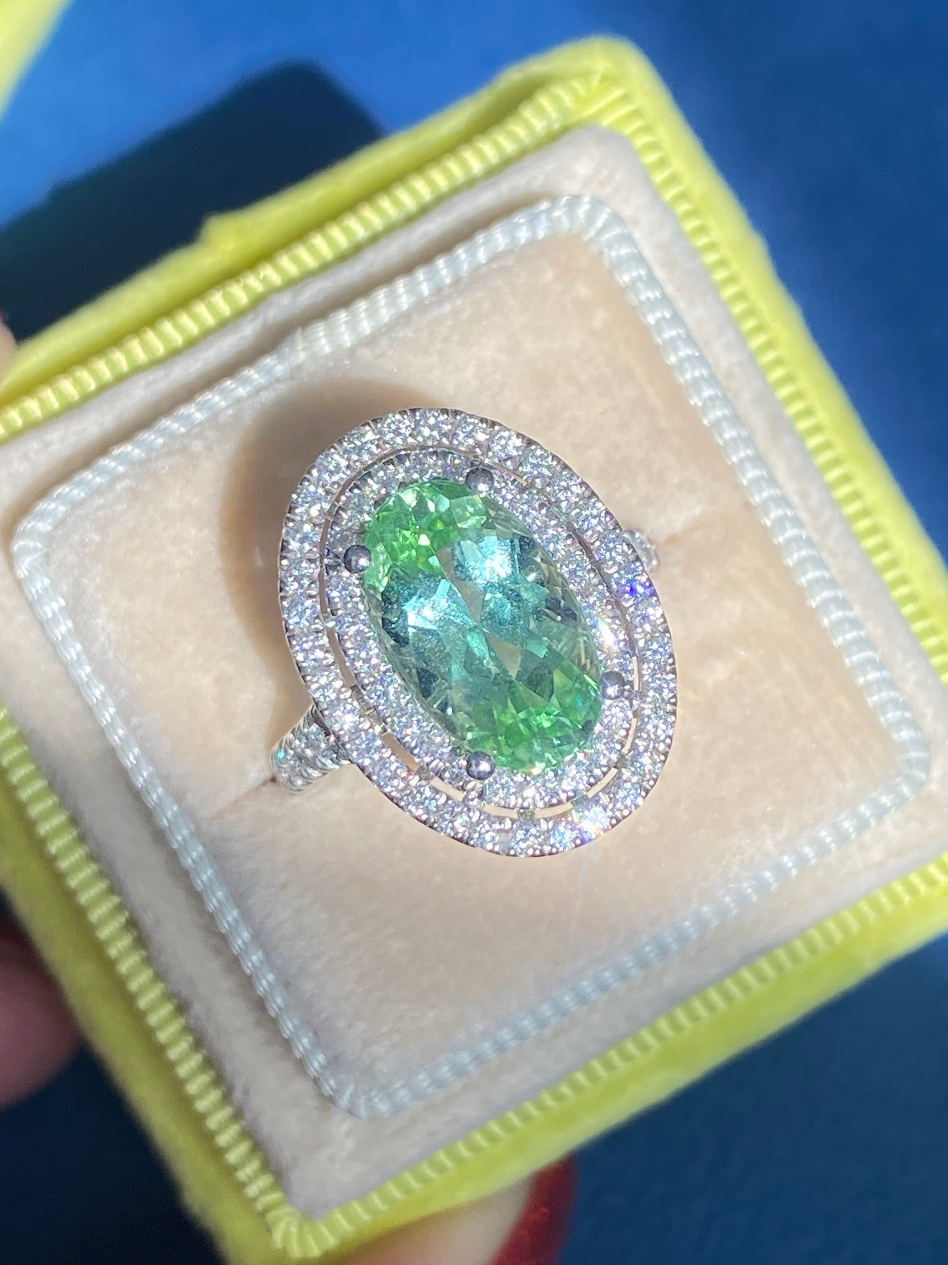 4.77 CTW Magical Mint Tourmaline and Natural Diamond Double Halo Ring in Platinum