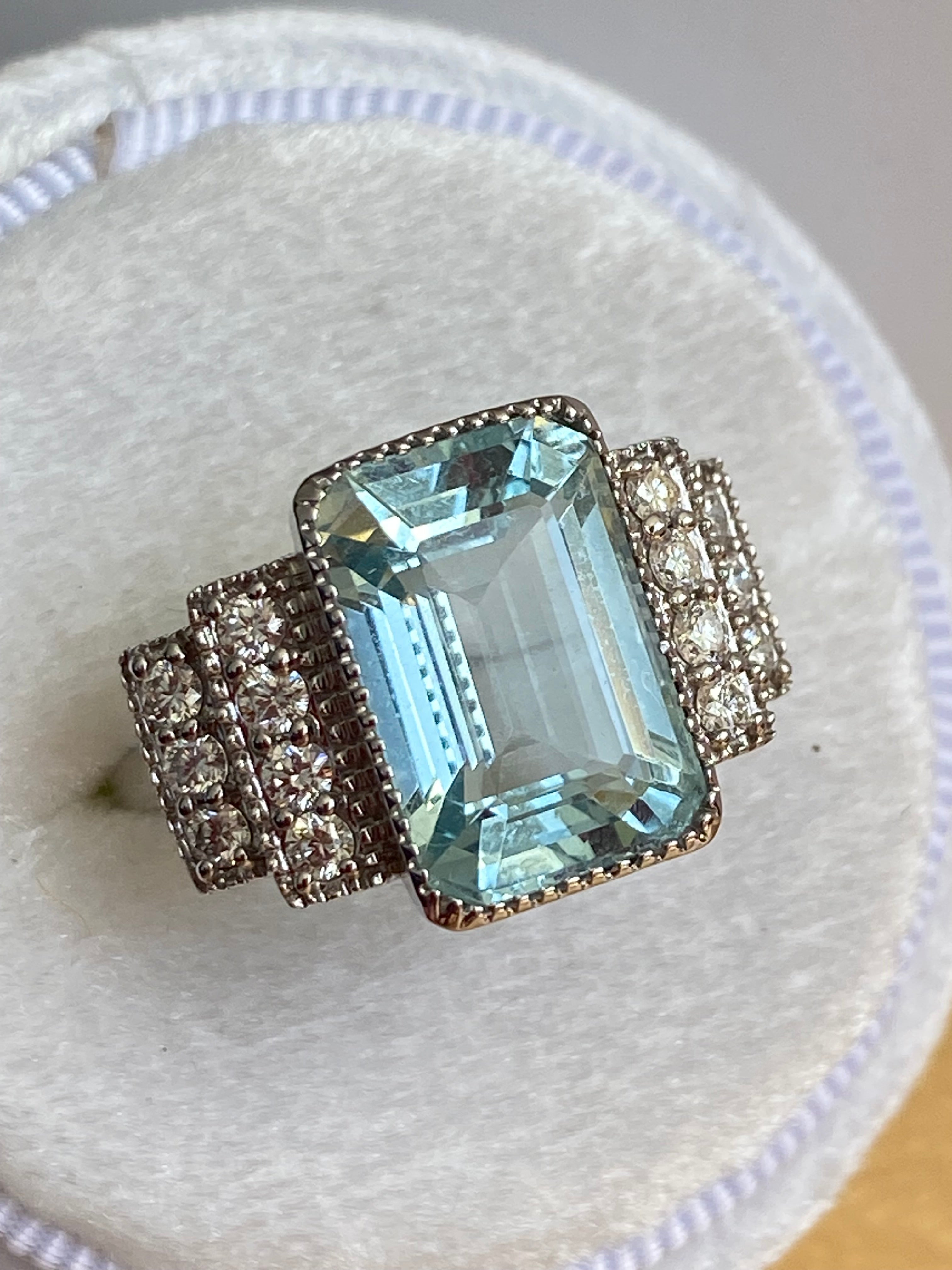 6.29 CTW Art Deco Style Aquamarine and Diamond Ring in 18ct White Gold