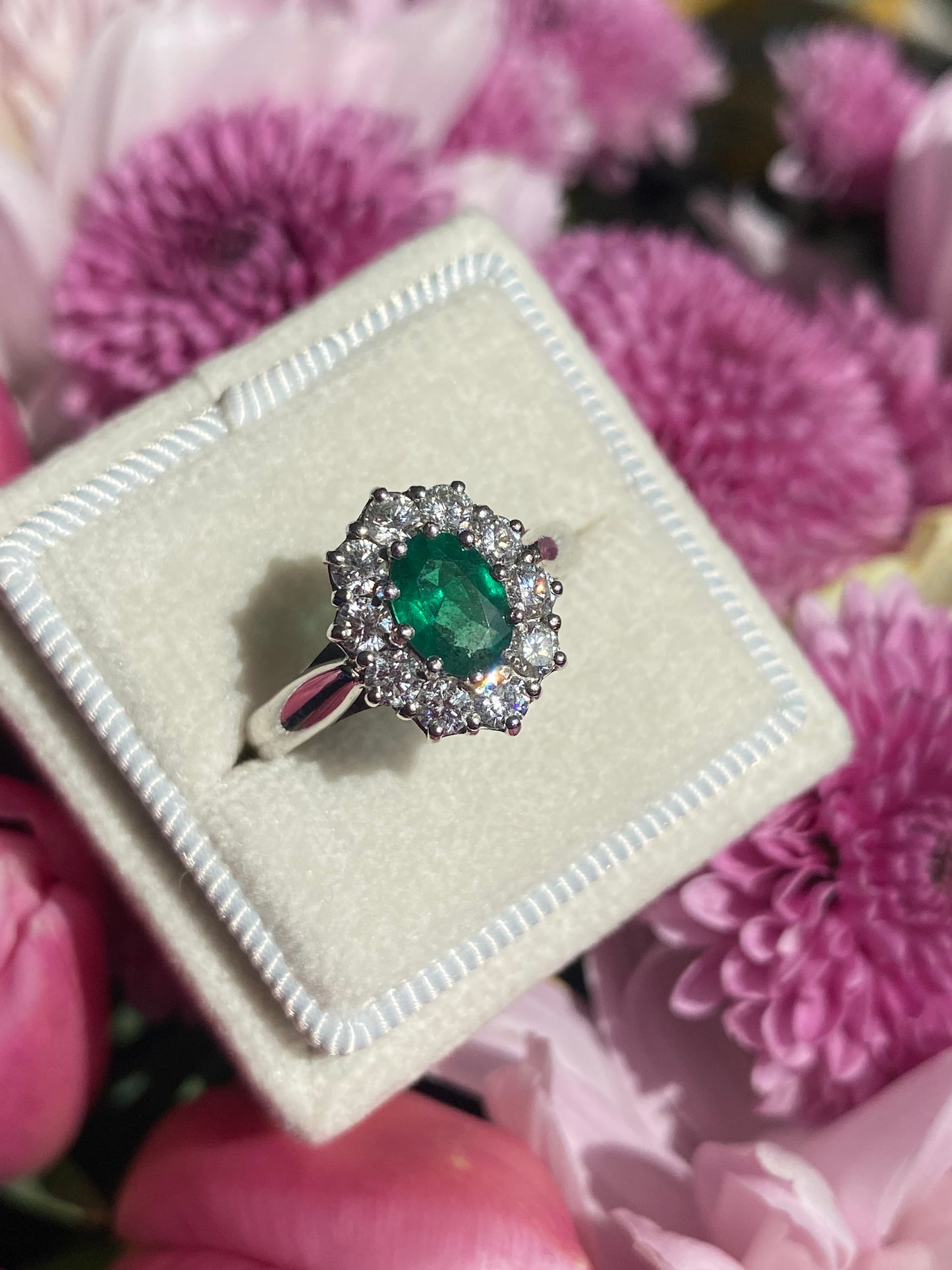 0.60 Carat Emerald and 0.66 ctw Natural Diamond Halo Engagement Ring in Platinum