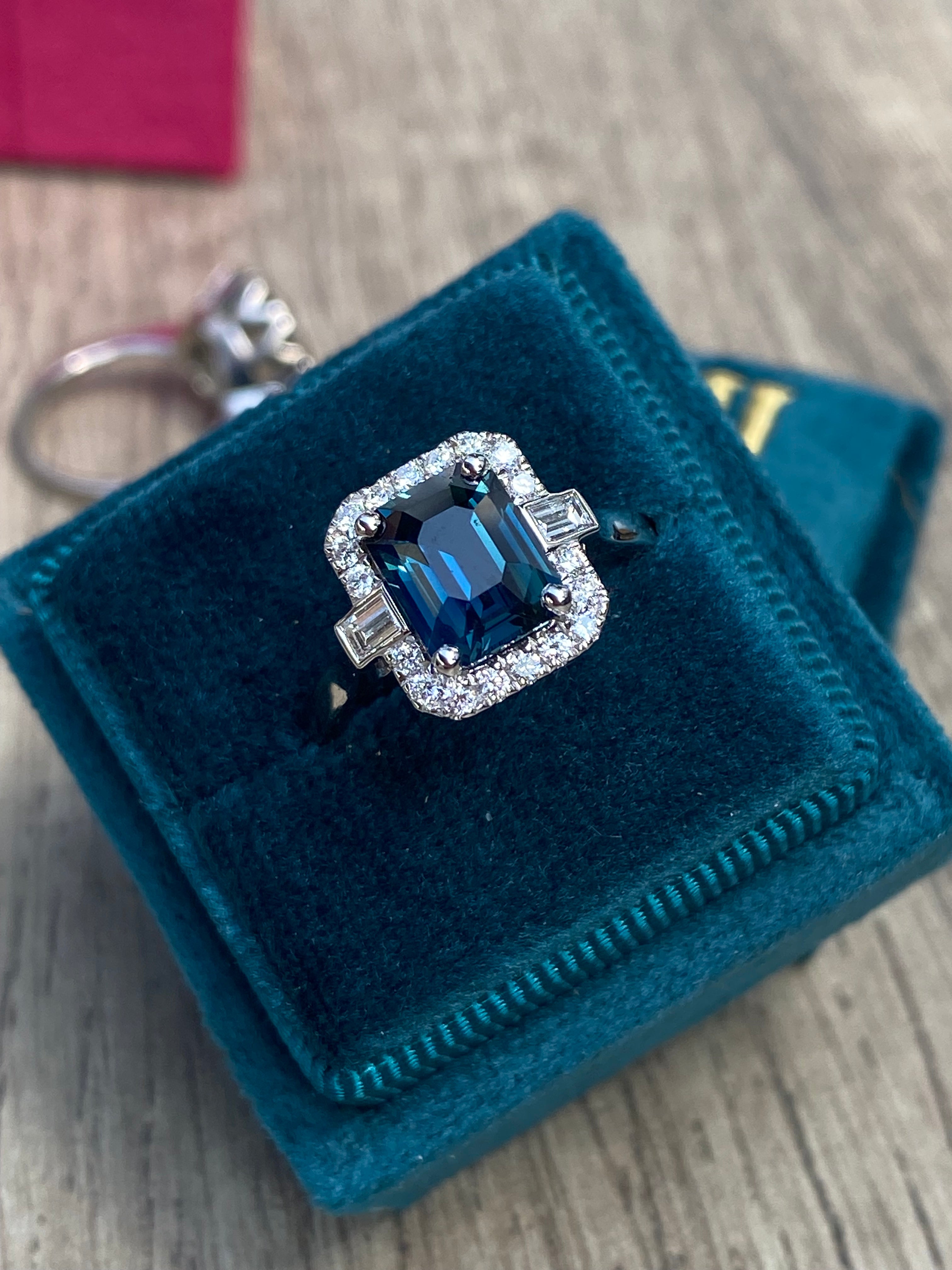 2.52 Carat Emerald Cut Teal Sapphire and Natural Diamond Halo Ring in Platinum