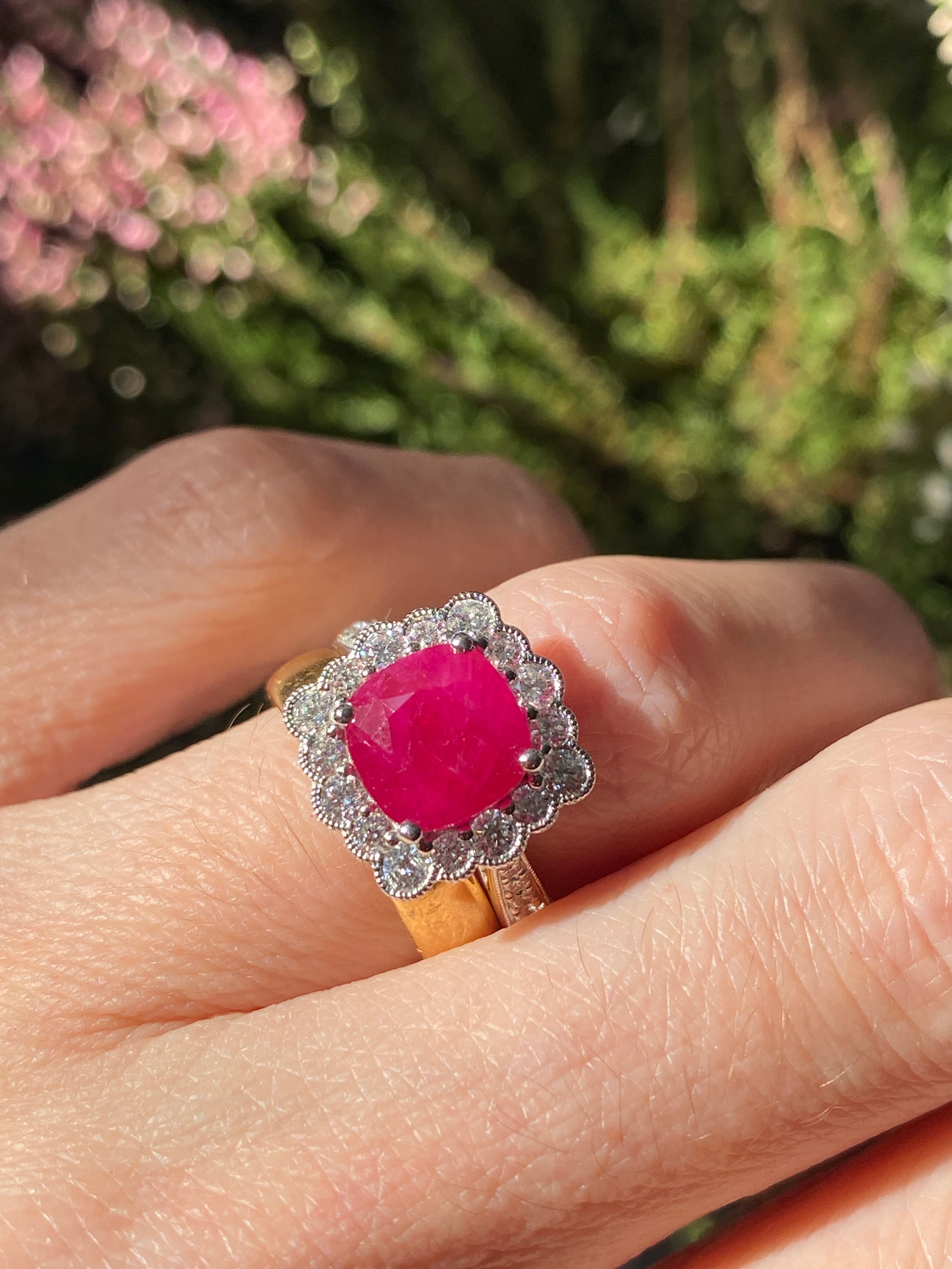 3.29 Carat Cushion-Cut Ruby and 0.78 ctw Natural Diamond Halo Ring in Platinum