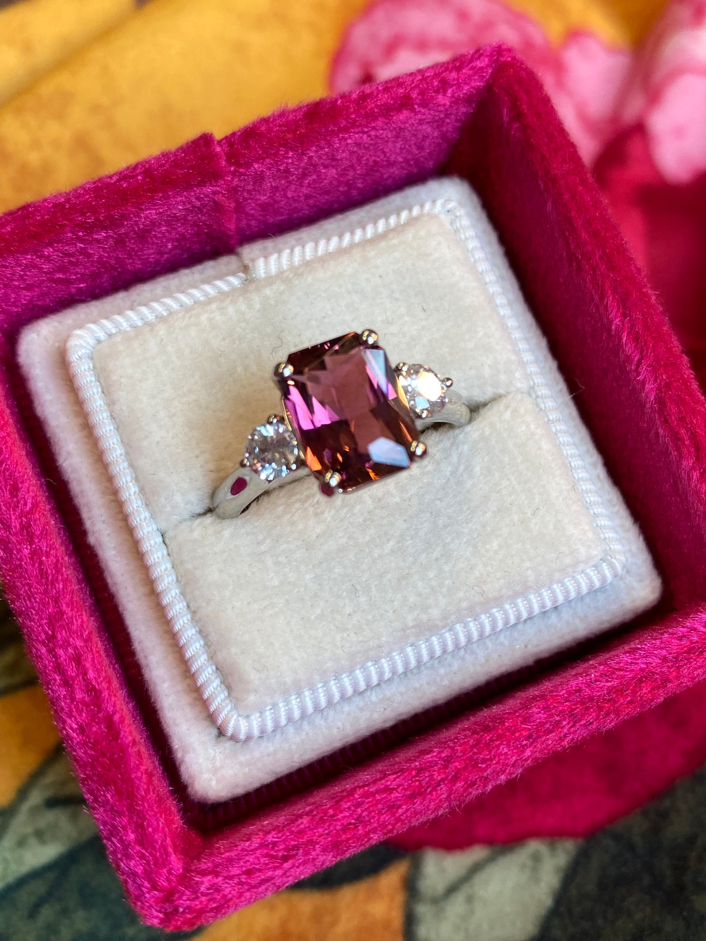 2.46 Carat Cut Pink Tourmaline and Diamond Ring in Platinum