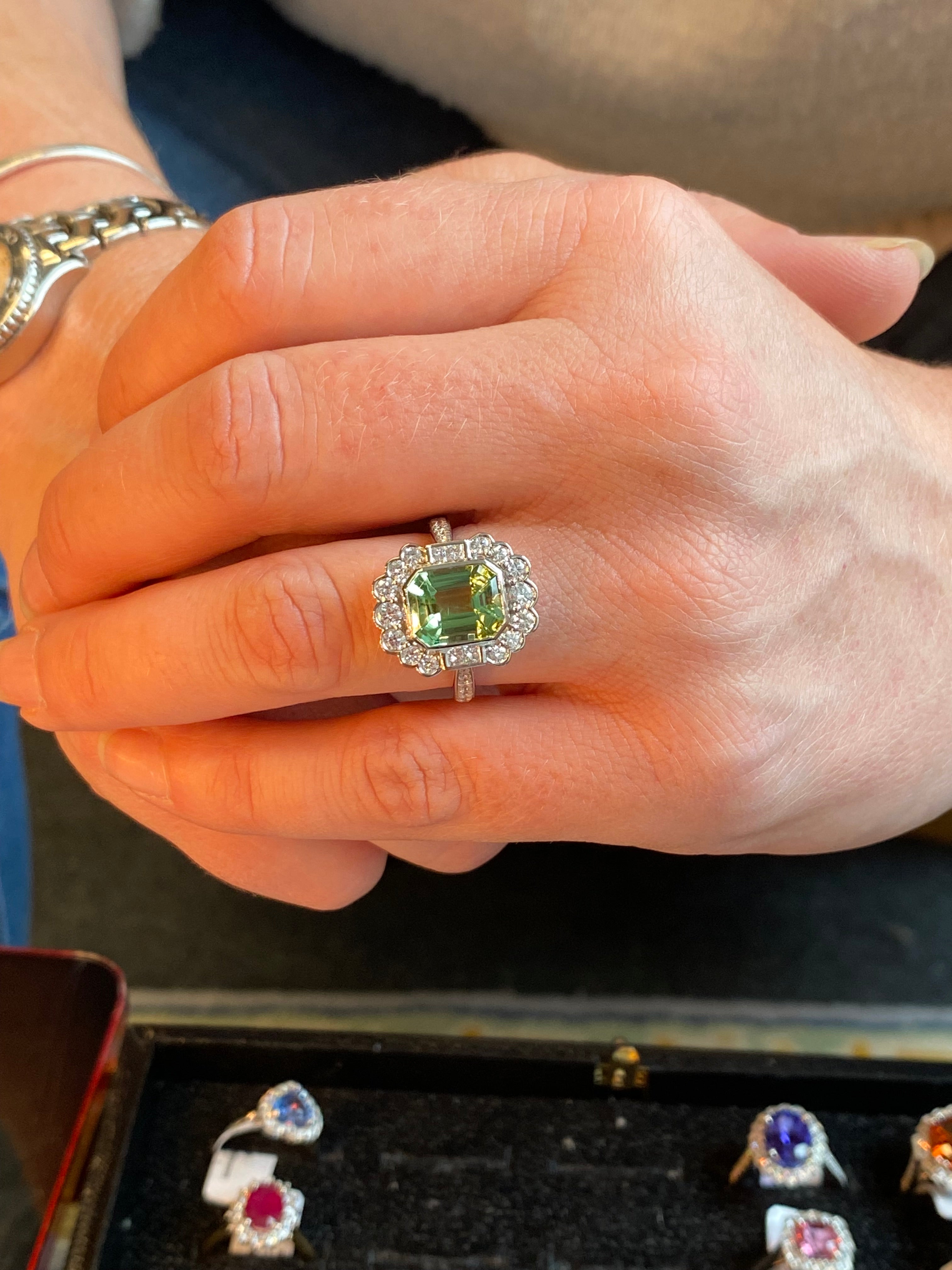 4.01 CTW Emerald Cut Mint Tourmaline and Natural Diamond Ring in Platinum