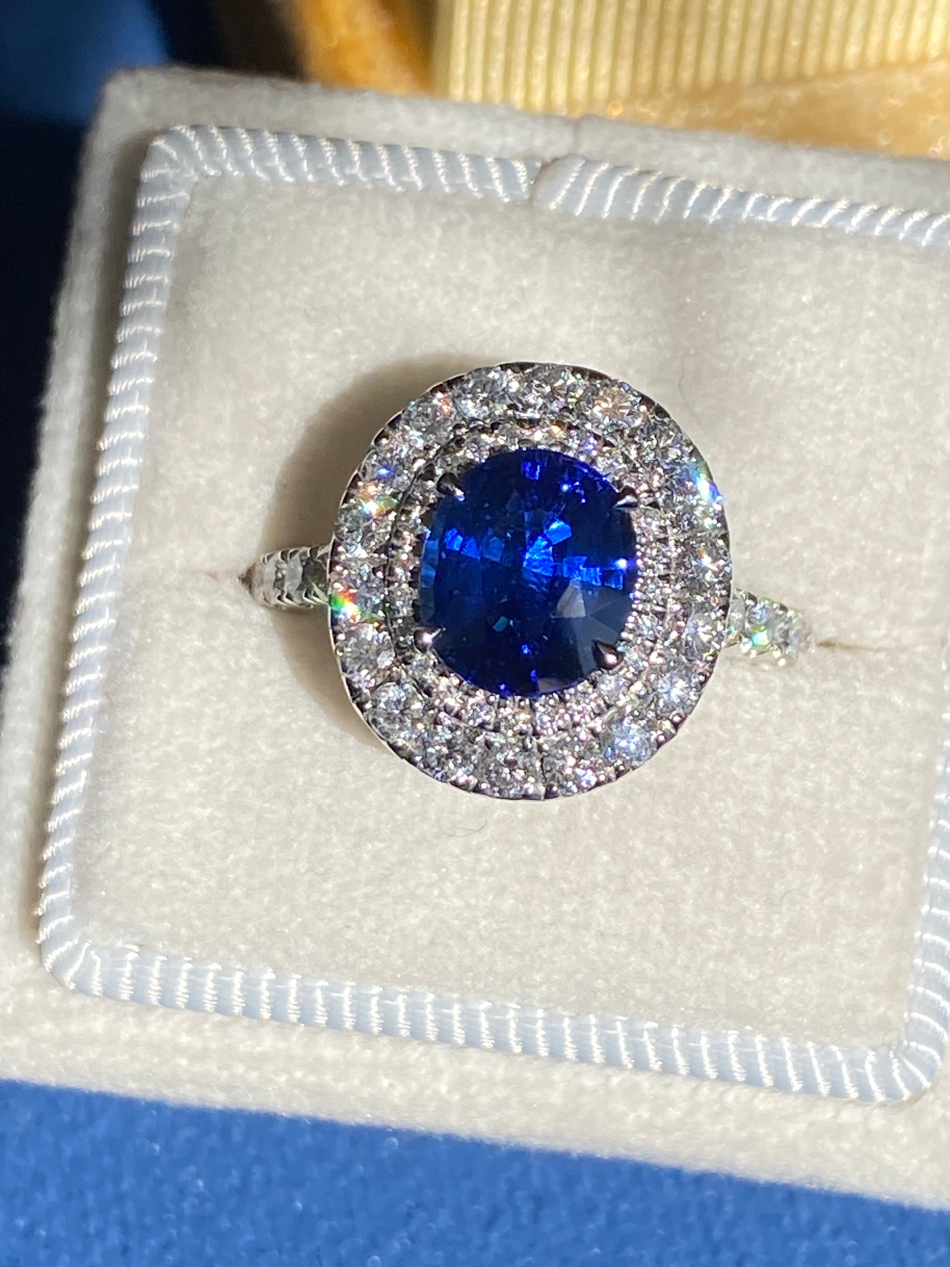 2.21 Carat Blue Ceylon Sapphire and 1.04 CTW Natural Diamond Halo Ring in Platinum