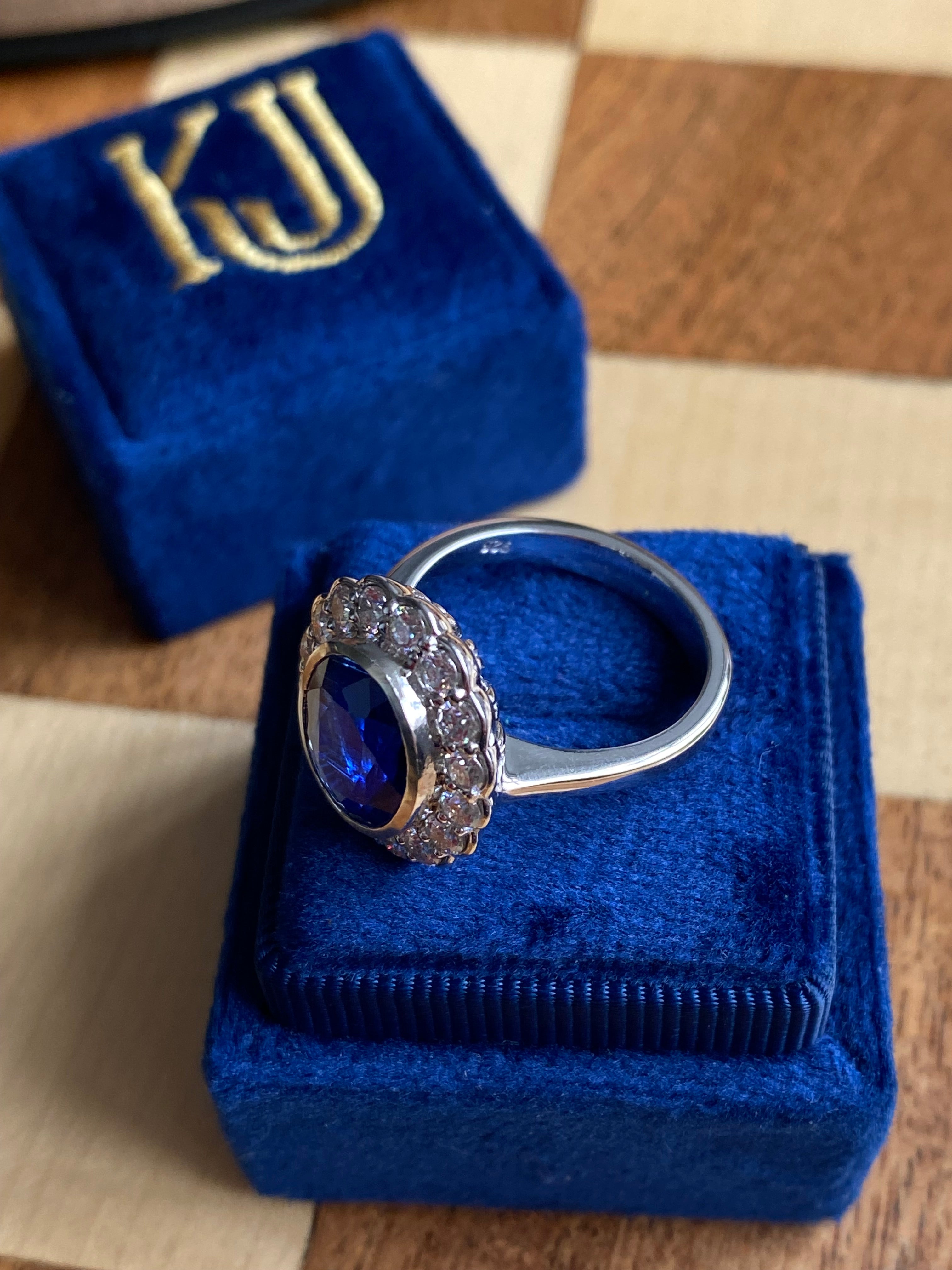 5.40 CTW Oval Cut Kyanite and Moissanite Halo Ring in Sterling Silver
