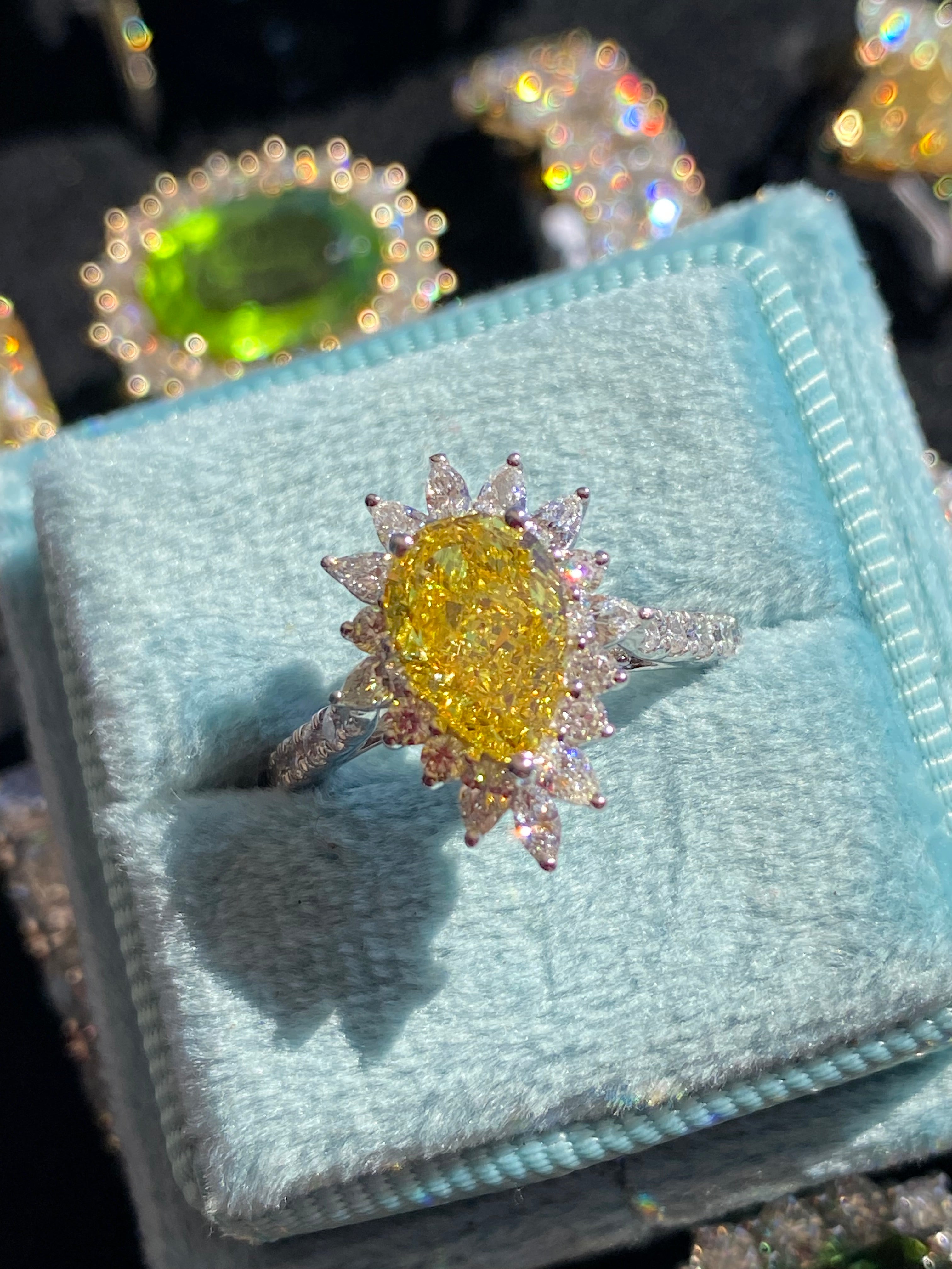 2.35 CTW Pear Cut Fancy Yellow Lab Diamond Halo Engagement Ring in Platinum