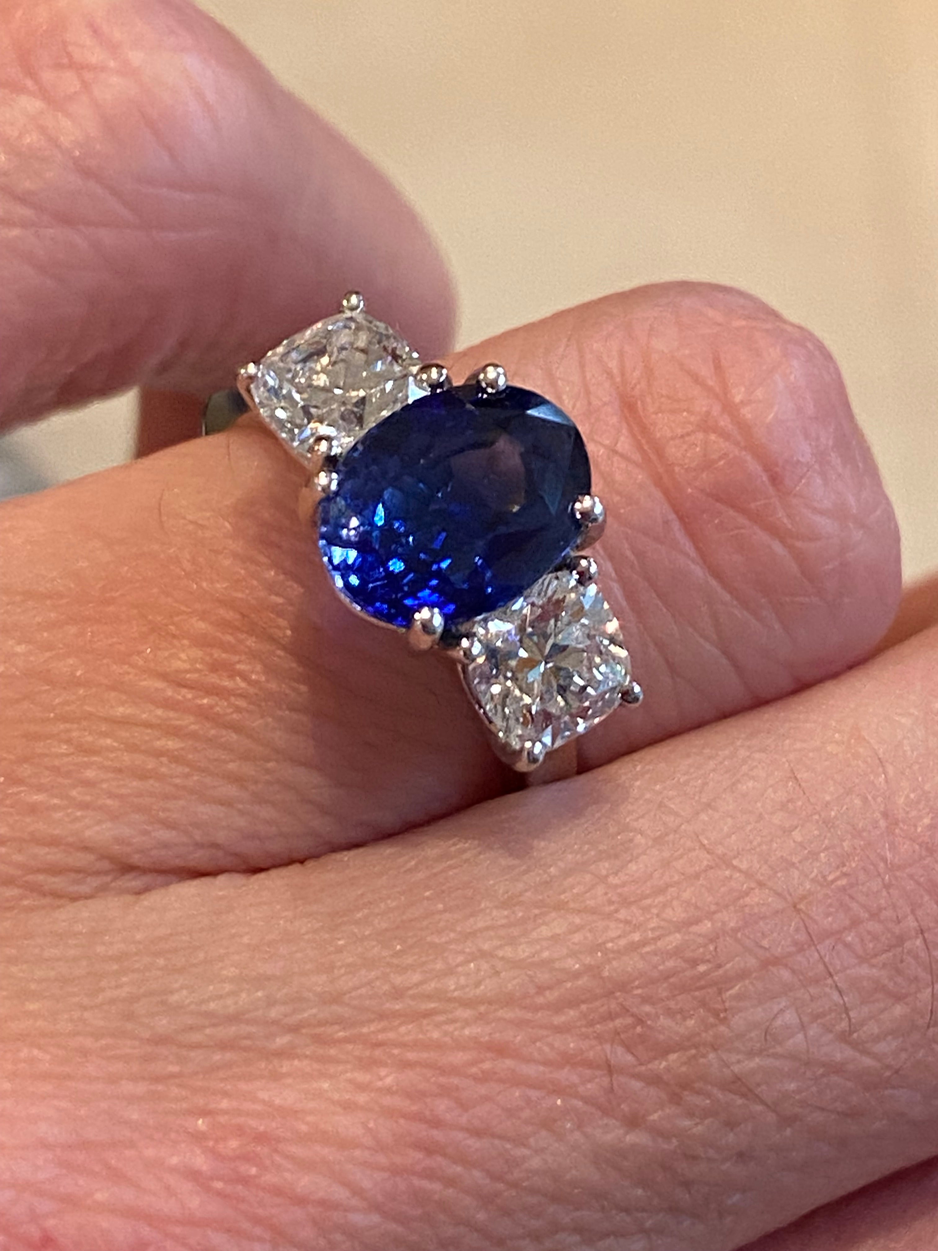 4.33 CTW Blue Ceylon Sapphire and Natural Diamond Three Stone Engagement Ring in Platinum