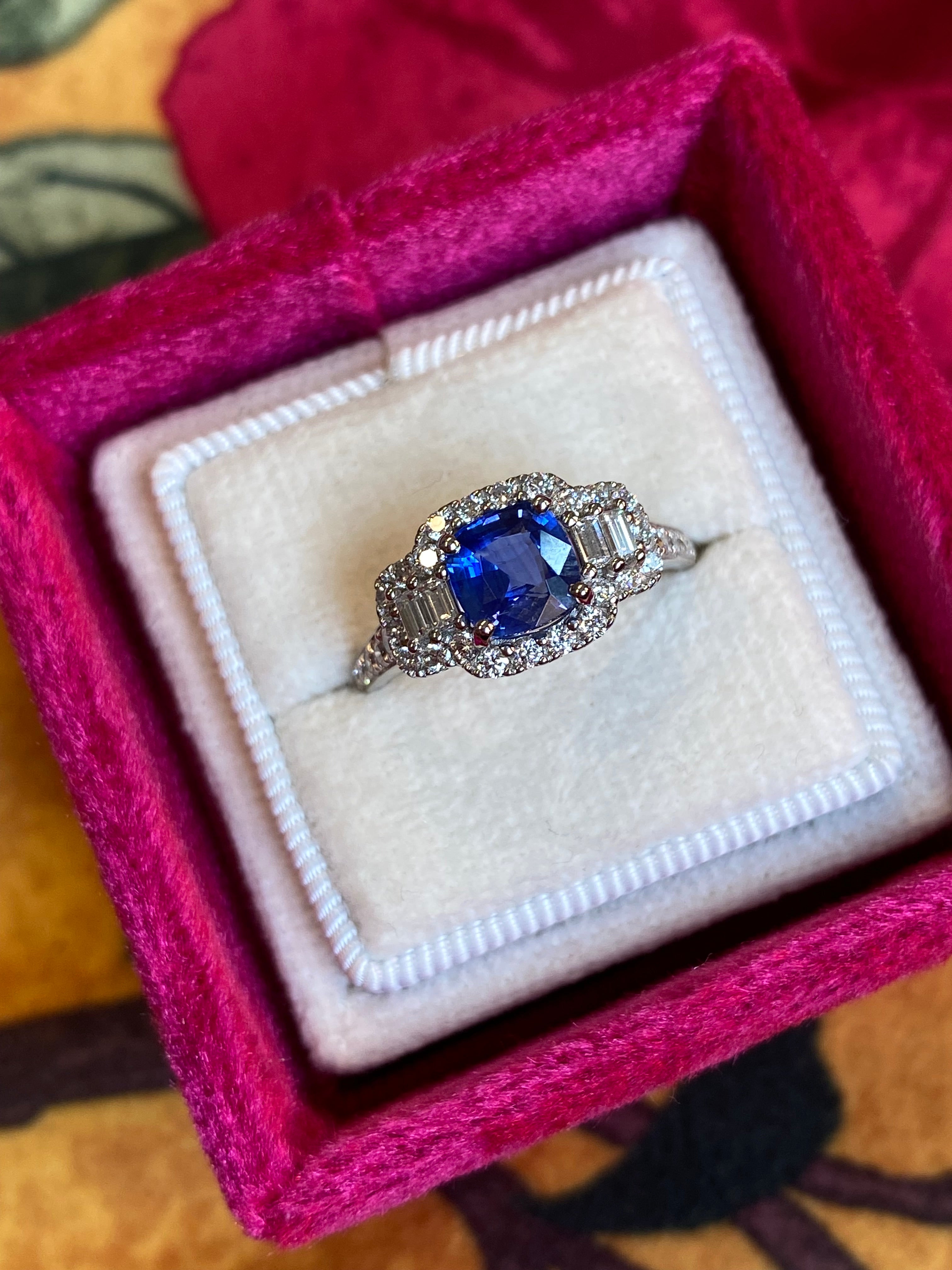 1.83 CTW Blue Ceylon Sapphire and Natural Diamond Three Stone Engagement Ring in Platinum