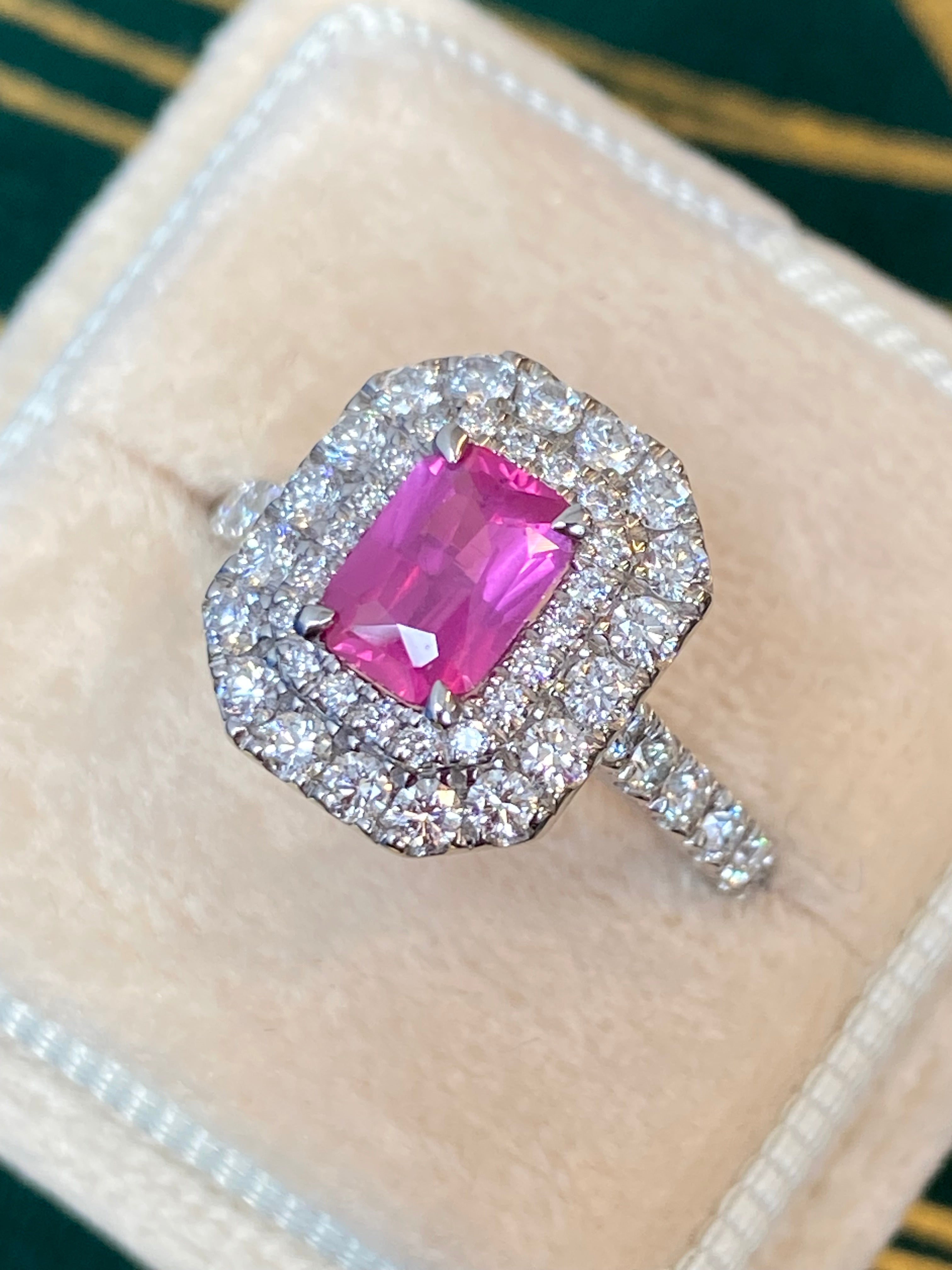 1.75 CTW Radiant Cut Pink Sapphire and Natural Diamond Double Halo Ring in Platinum
