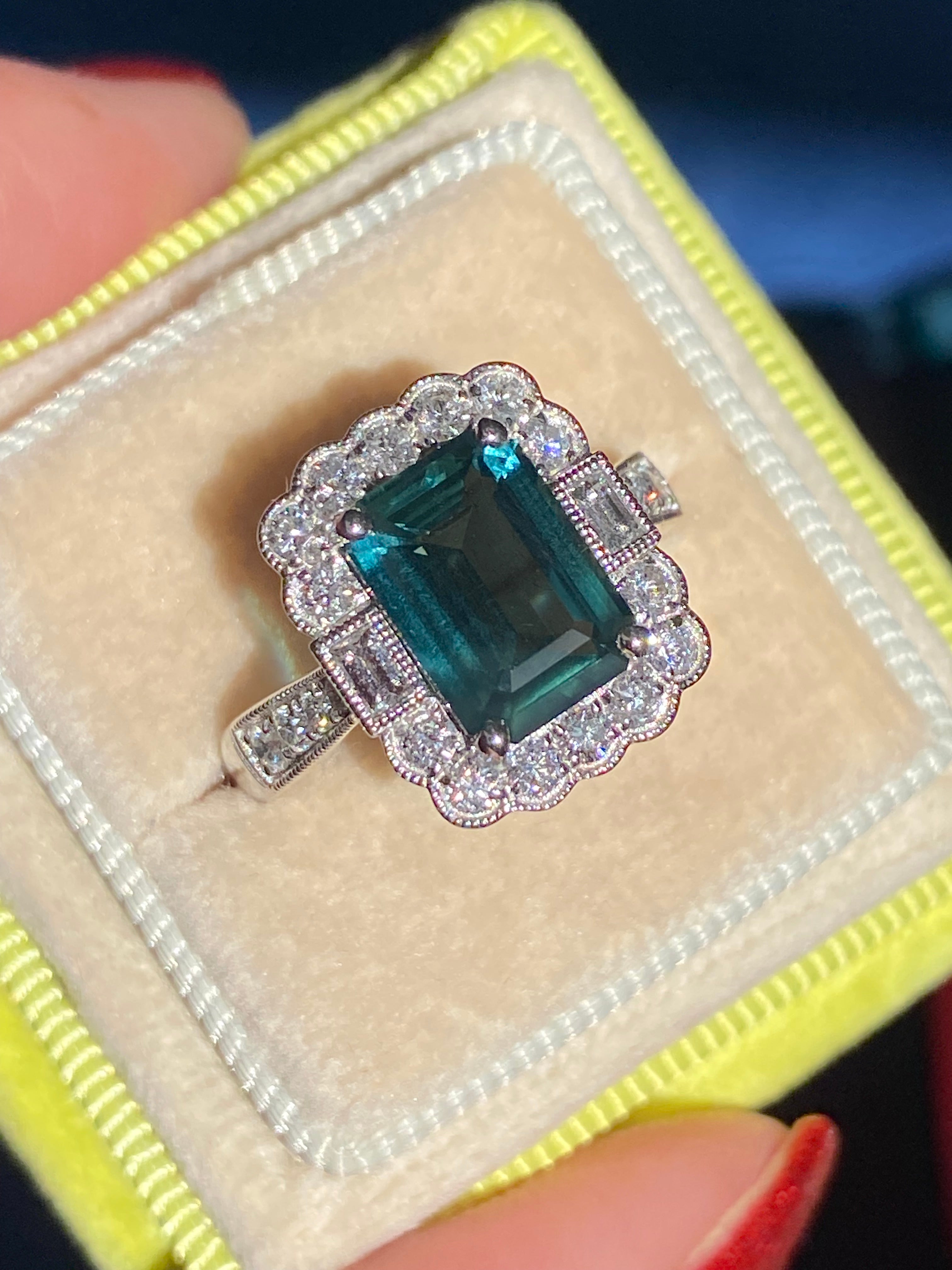 3.73 Carat Teal Sapphire and Natural Diamond Ring in Platinum