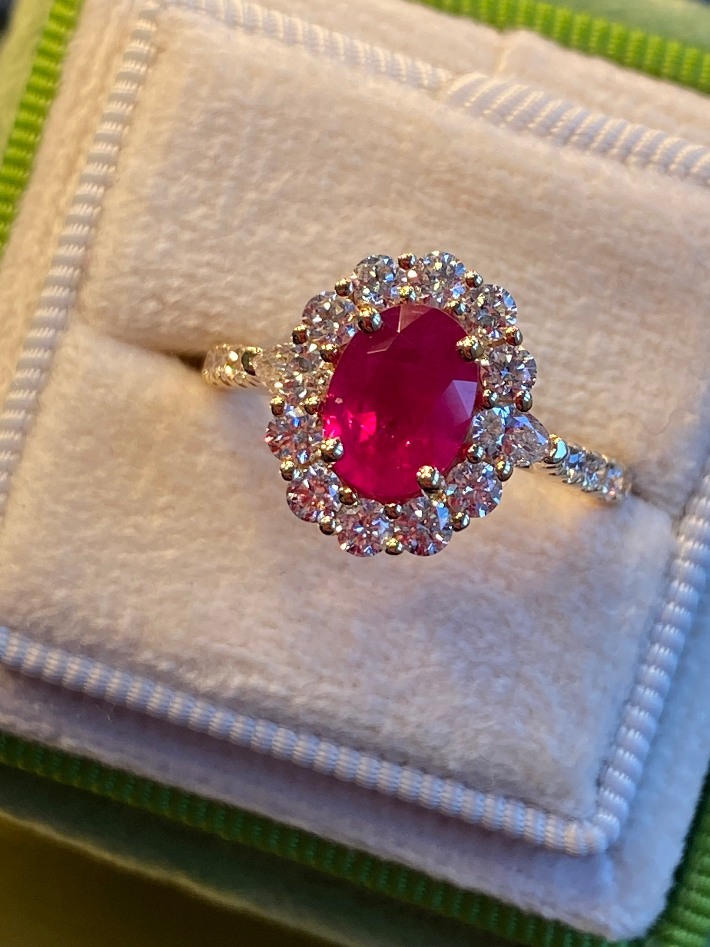 2.40 CTW Ruby and Natural Diamond Halo Ring in 18ct Yellow Gold