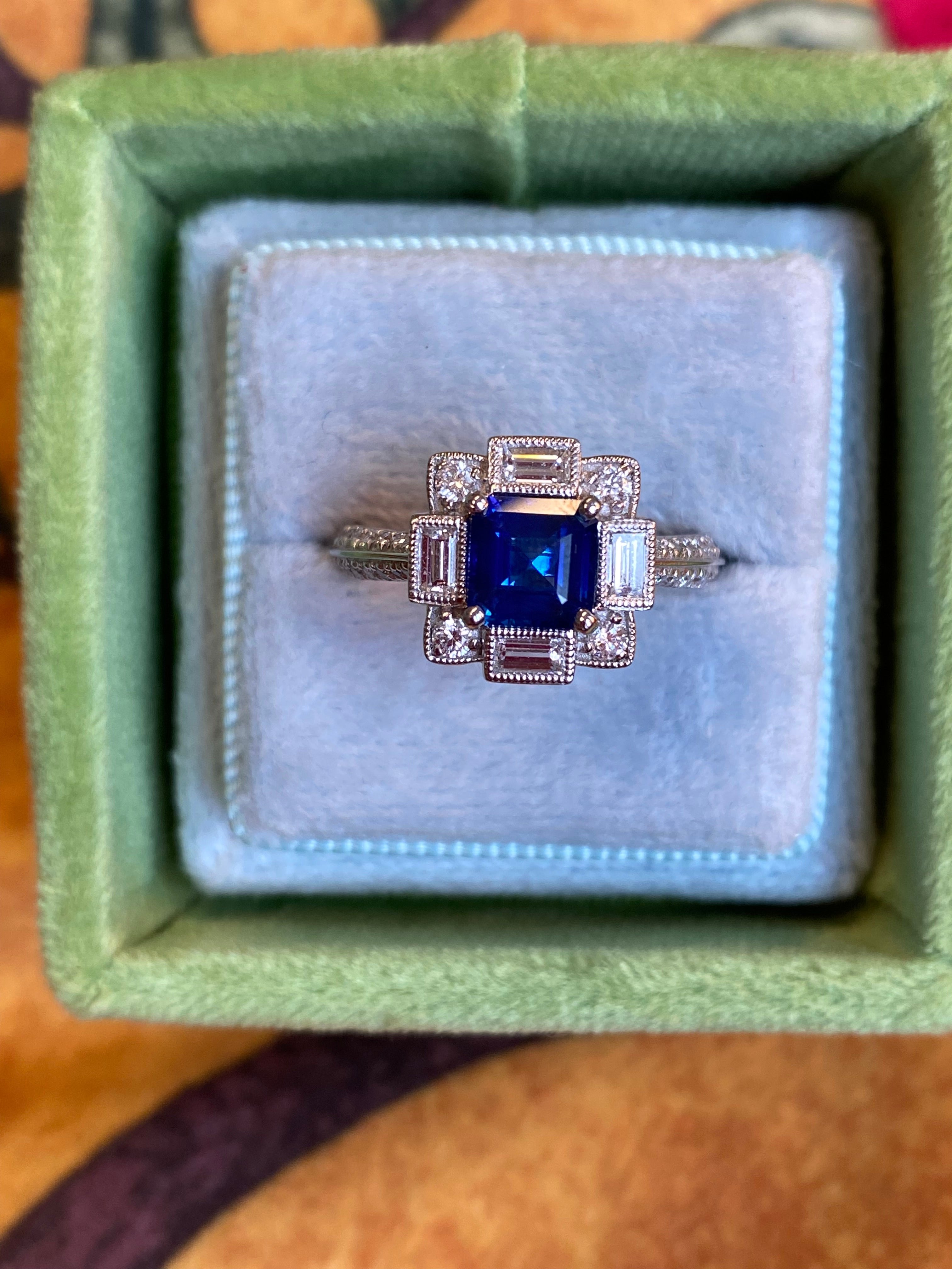 1.79 CTW Blue Ceylon Sapphire and Natural Diamond Art Deco Style Halo Ring in Platinum