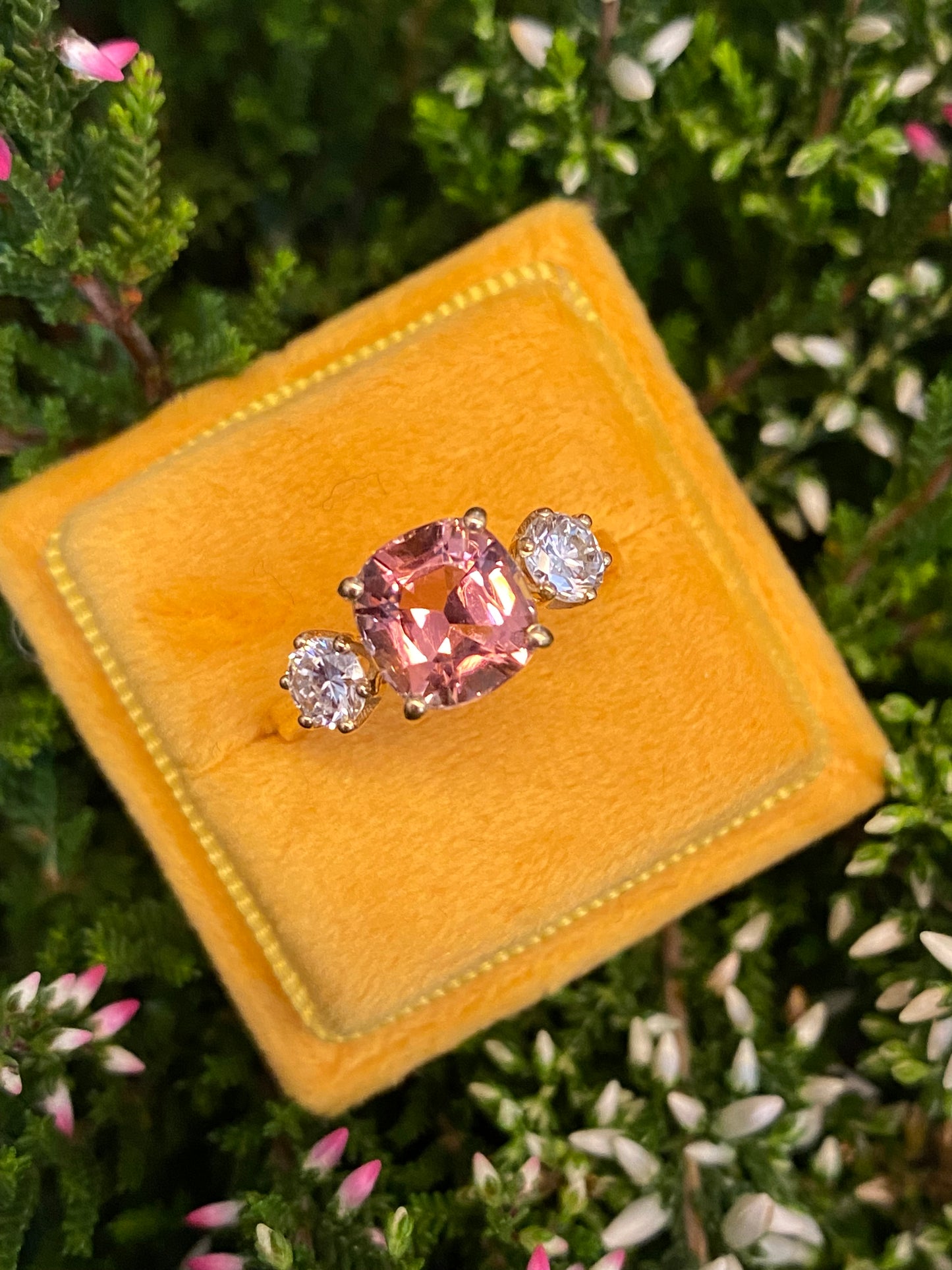 3.12ctw Pink Tourmaline and Natural Diamond Three Stone Ring in 18ct Yellow Gold
